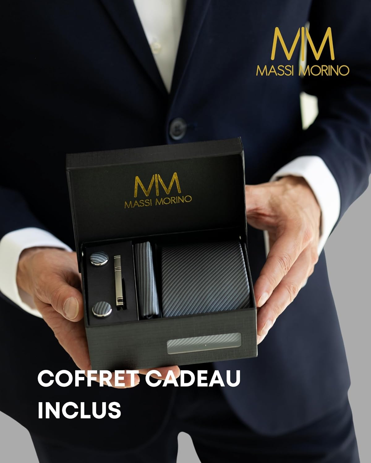 Detalle de Massi Morino Cravate Homme en coffret cadeau 5-en-1 avec mouchoirs de poche, boutons de manchette et pince à cravate