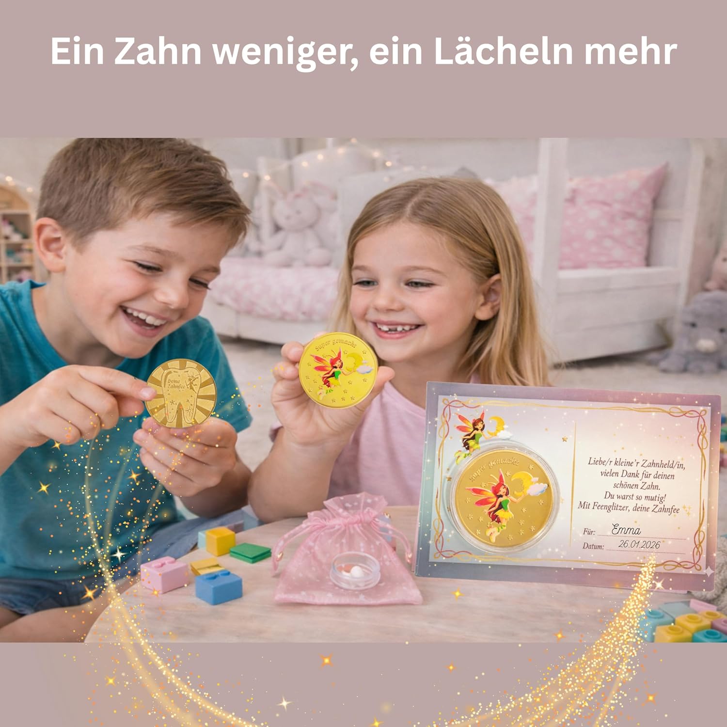 Detalle de insi Kinderzahndose für Milchzähne – personalisierbare Aufbewahrungsbox mit Geschenkbox, Lupe und Zahnfee-Brief
