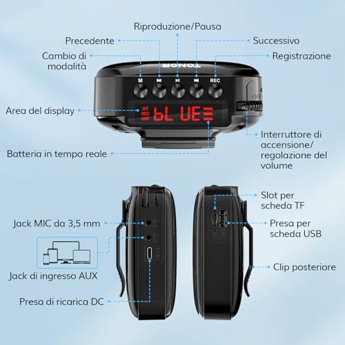 Thumbnail 7 de TONOR 15W Amplificatore Vocale Portatile: sistema PA Bluetooth con microfono wireless e clip per insegnanti e istruttori
