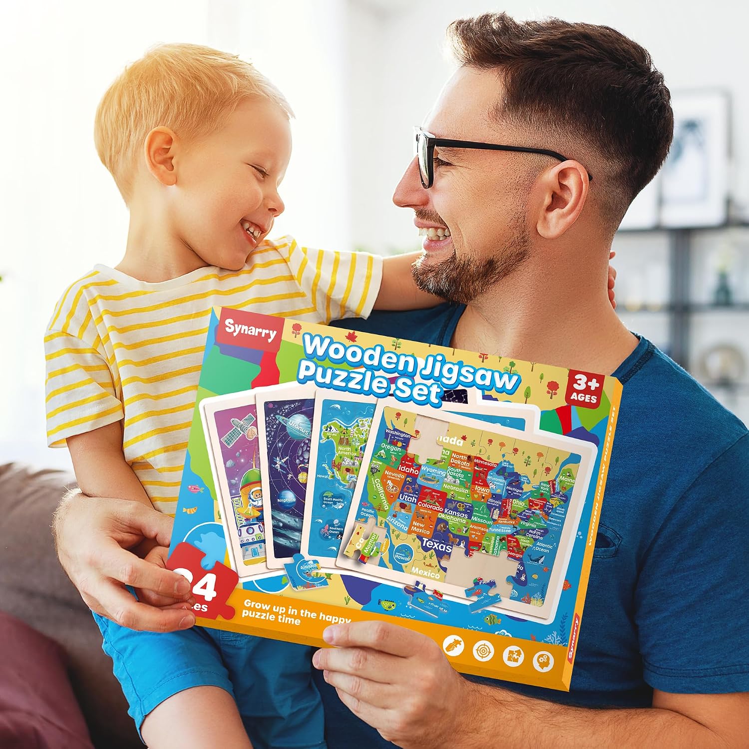 Thumbnail 6 de SYNARRY Large US World Earth Solar System Wooden Puzzles for Kids (4-Pack, 24 Pieces Each)