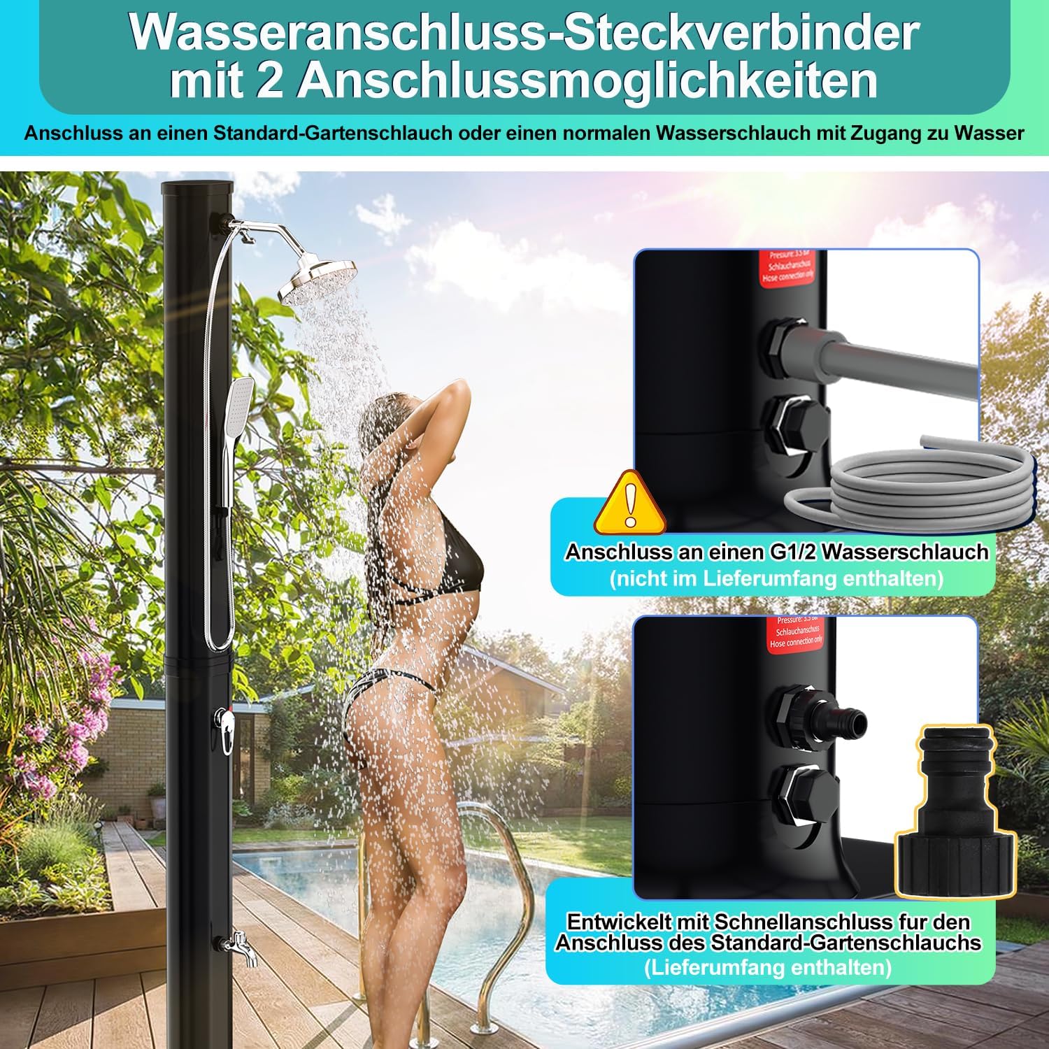 Thumbnail 5 de Randaco Solardusche Solar Gartendusche 35L – Warmes Wasser bis 60°C, ohne Strom, 360° Regenduschkopf, Fußhahn, Schutzhülle Schwarz