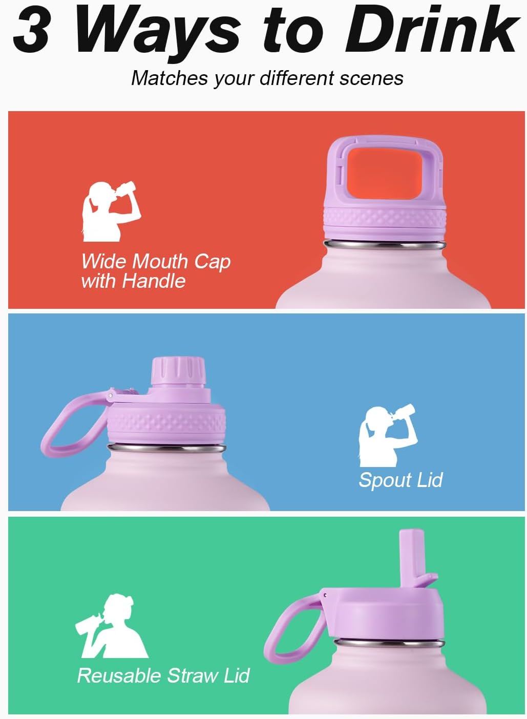 Detalle de Coolflask Half Gallon Insulated Water Bottle with Straw & 3 Lids (64 oz) — Pink