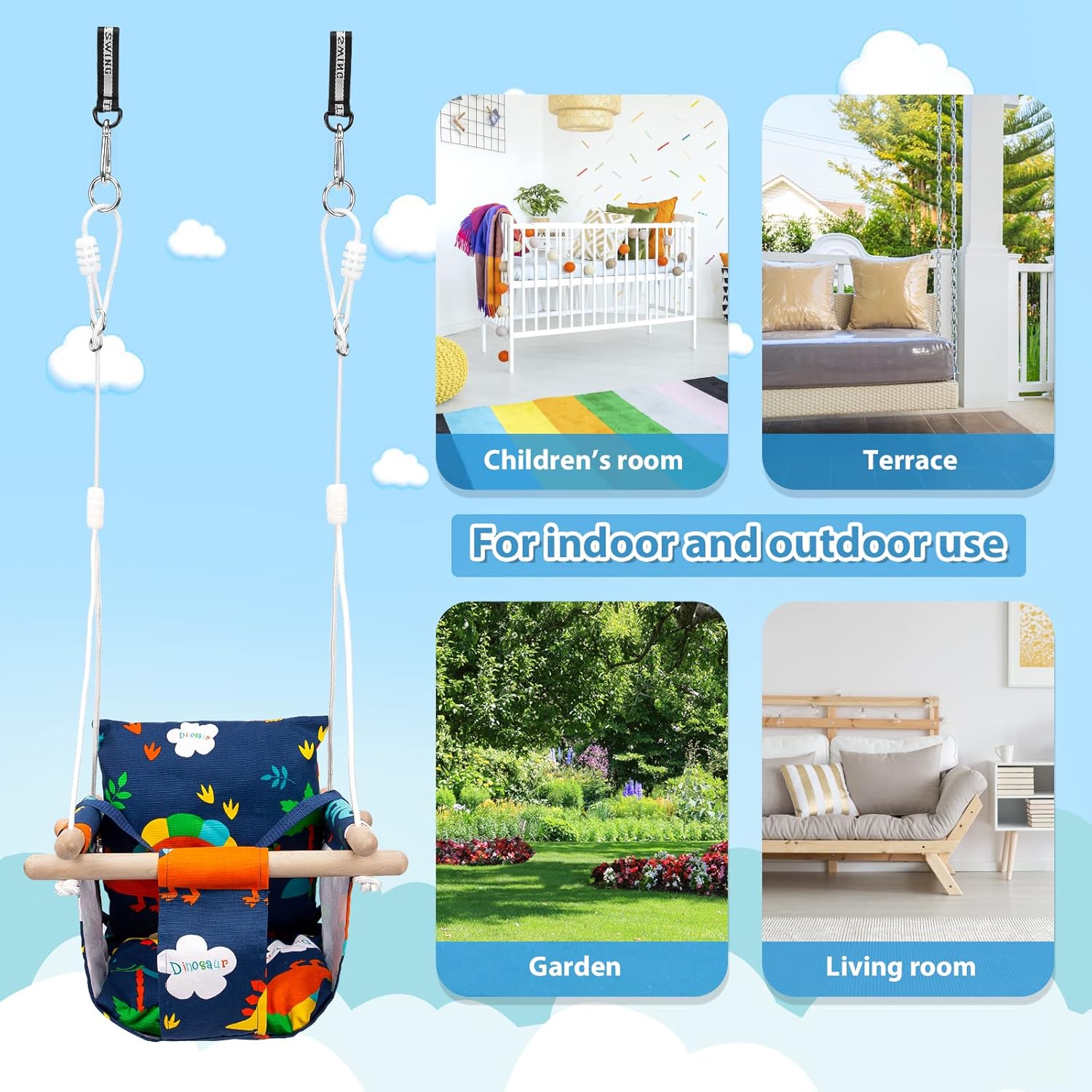 Detalle de Katomi Schaukel für Baby und Kinder mit Sicherheitsgurt – verstellbare Länge, Edelstahl-Karabiner, Dinosaurier-Design