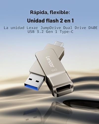 Detalle de Lexar JumpDrive D40E 64GB: almacenamiento OTG 2 en 1 con USB-C y USB-A en diseño plegable
