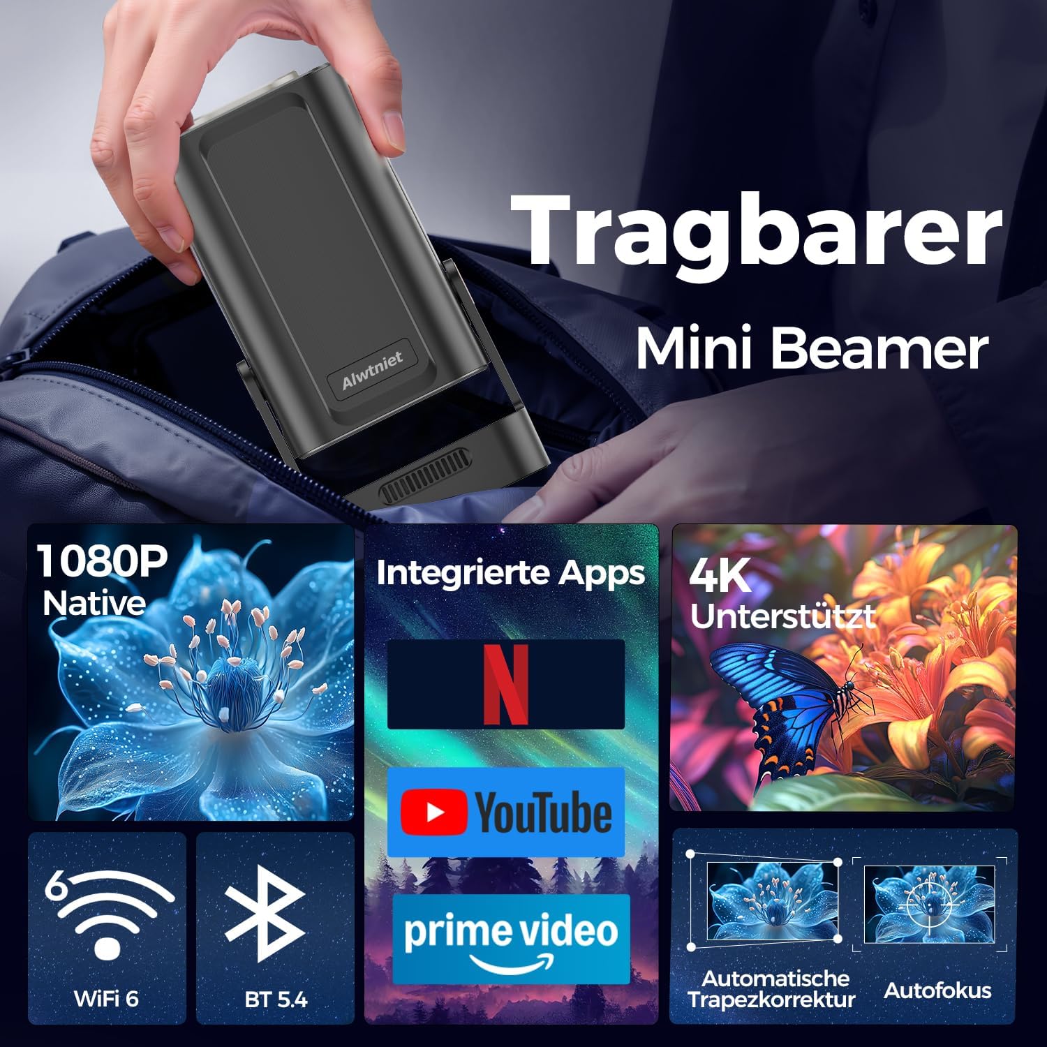 Detalle 2 de Alwtniet HY310 Mini Beamer – 4K-Unterstützung, Autofokus & Android Heimkino