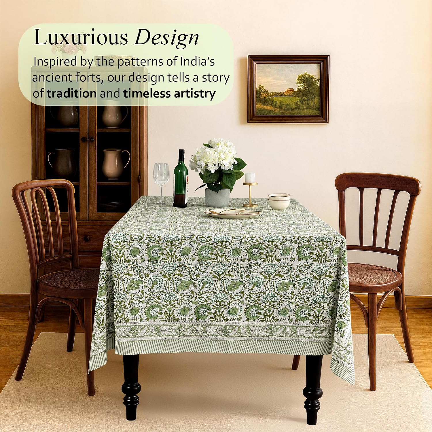 Detalle 2 de CPC Cotton Print Club Agate Green 60x60" Indian Block Print Square Tablecloth