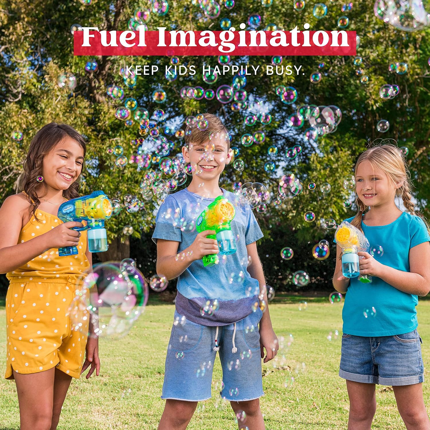 Detalle de JOYIN 3 Packs Bubble Guns with 3 Solutions: A Fun, Safe Bubble Maker Kit for Kids