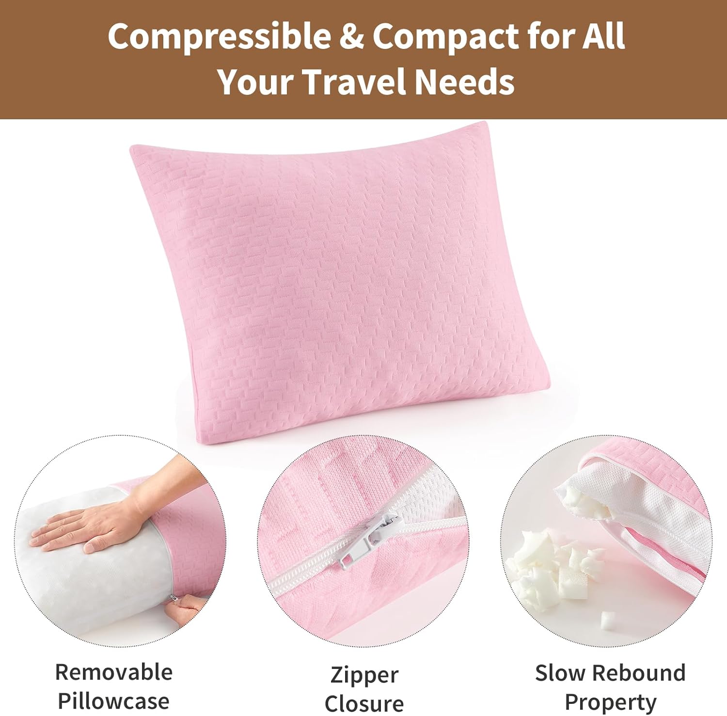Detalle de PEUJEW Small Shredded Memory Foam Pillow – Apricot Pink Travel Camping Pillow (L)