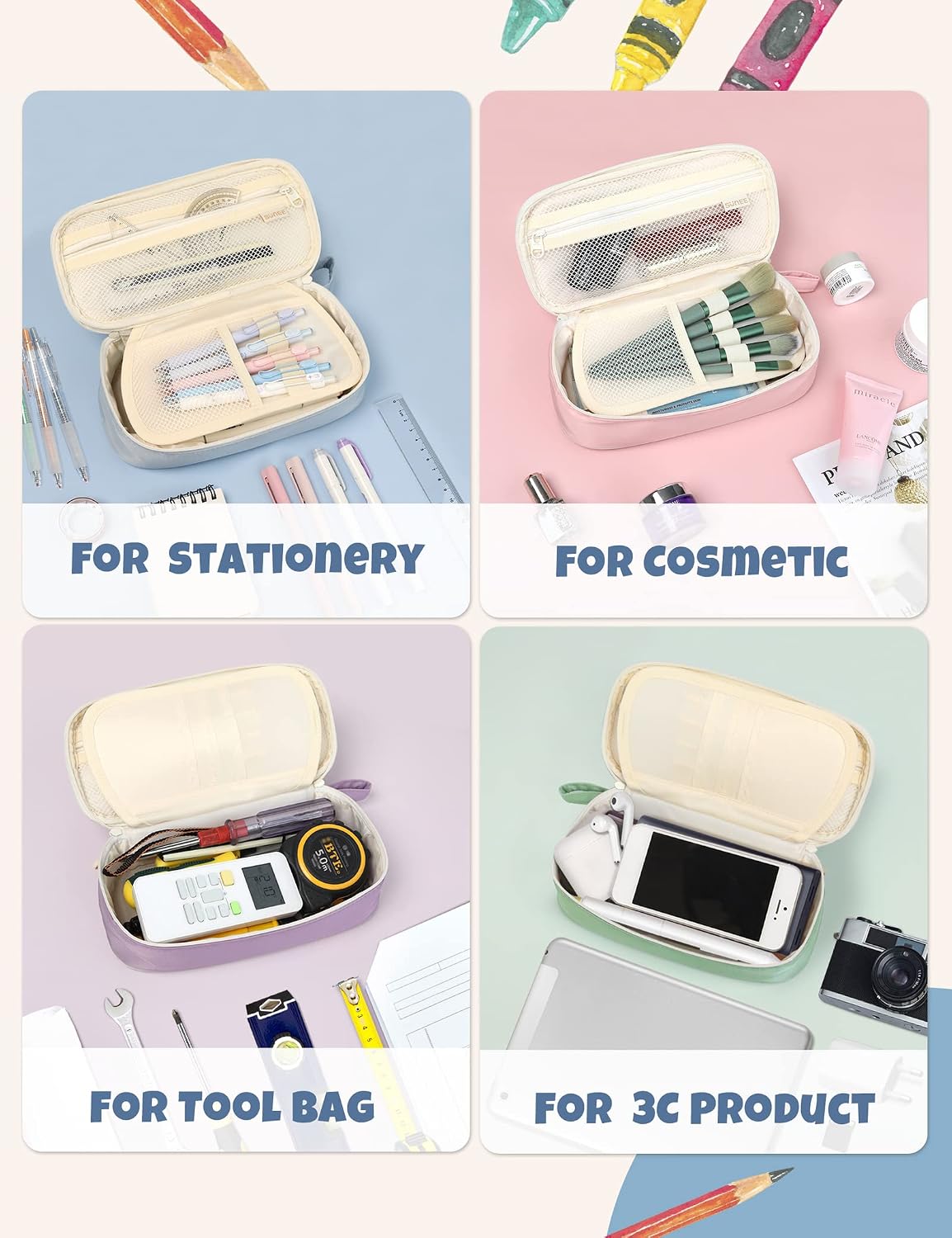 Thumbnail 6 de SUNEE Cute Pencil Case: Blue Large Kawaii Stationery Organizer