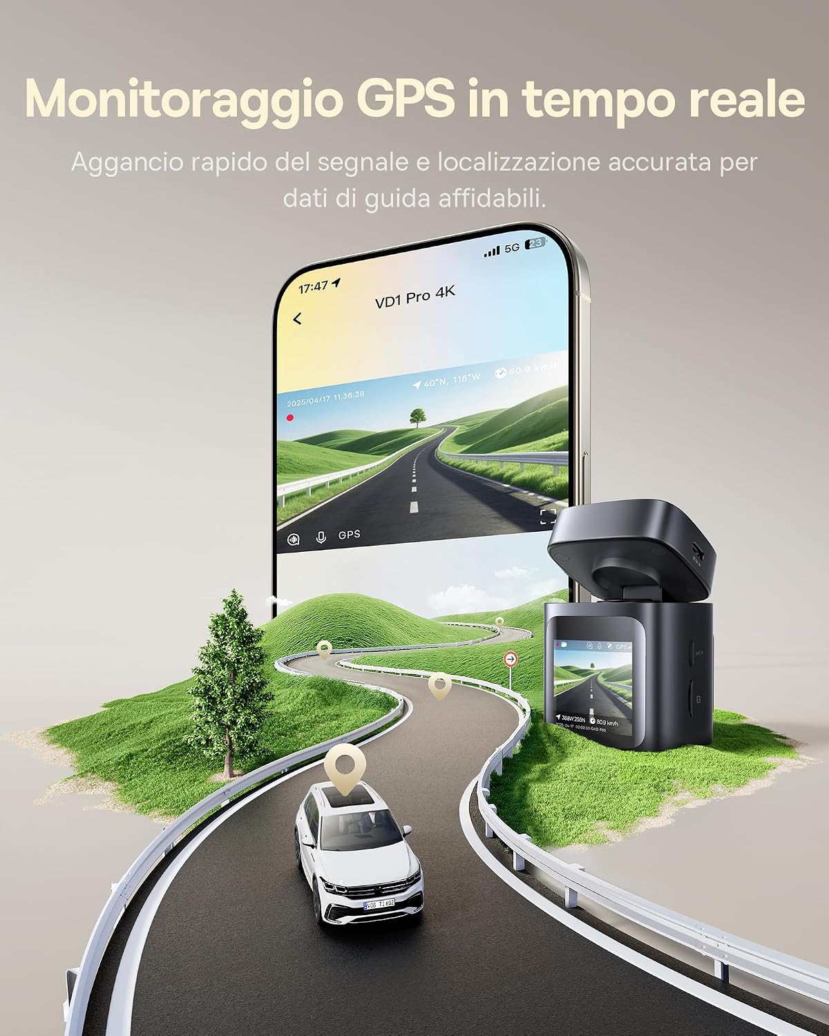 Detalle de Baseus VD1 Pro Dashcam: registrazione frontale 4K + posteriore 1080P, parcheggio solare e WiFi 5GHz