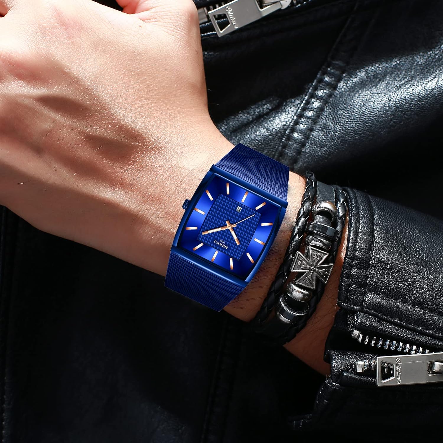 Thumbnail 5 de NIBOSI Herrenarmbanduhr mit quadratischem Zifferblatt, Quarzwerk, Edelstahl-Mesh und Datumsanzeige (3ATM)
