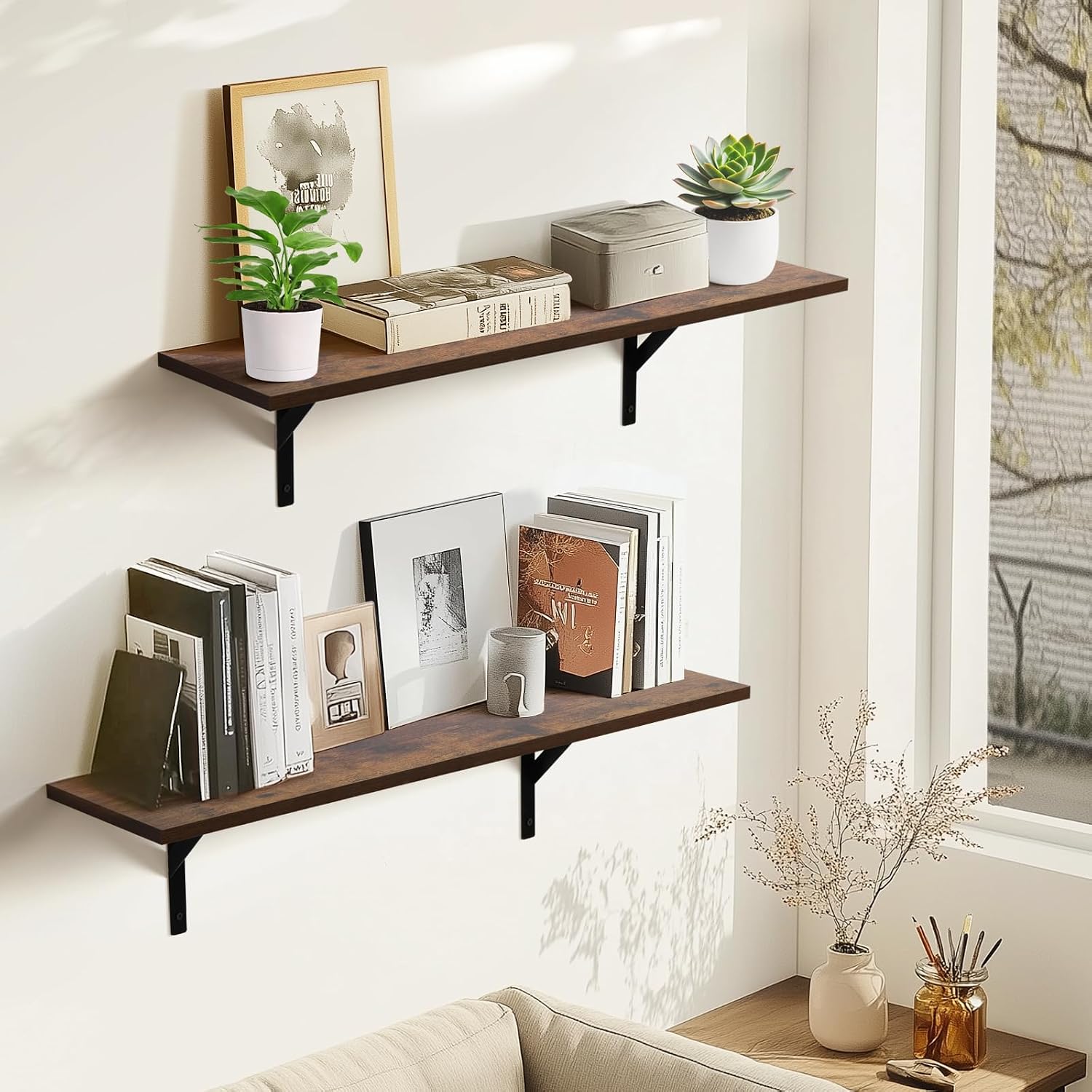 Detalle de Tectocker-DOU 123 Floating Wall Shelves, 31.5-Inch Rustic Brown, 40 lb Capacity