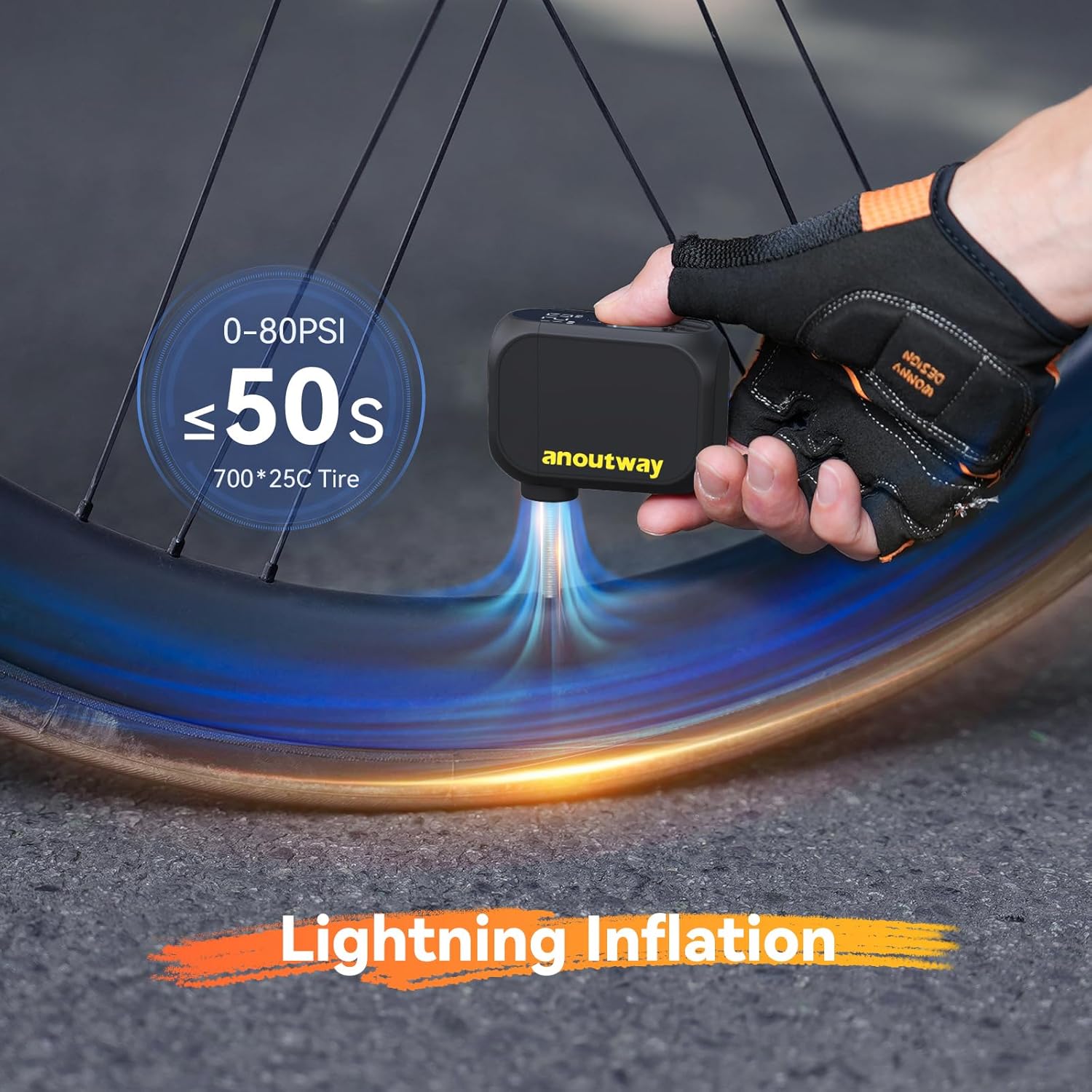 Detalle de Anoutway Tiny E-Pump: pompa per bicicletta compatta con misuratore di pressione, spegnimento automatico e adattatore 2 in 1