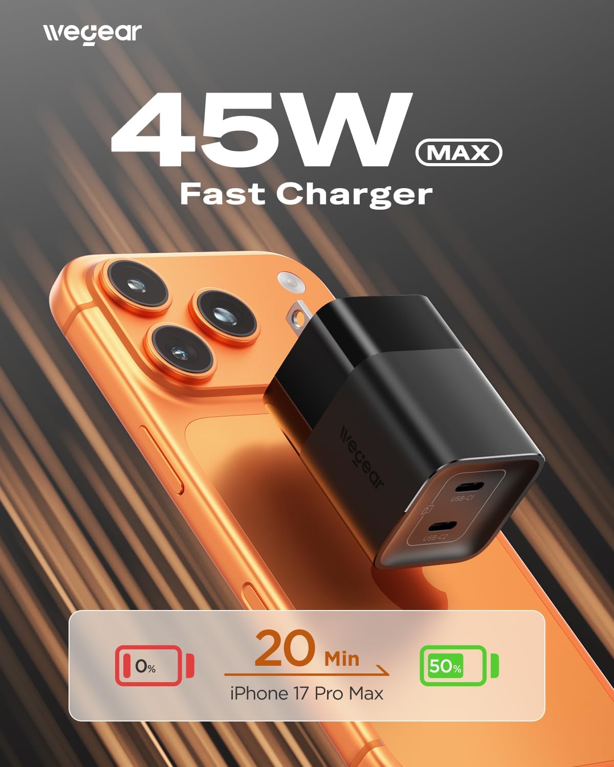 Detalle 2 de wegear 45W USB C Charger, 2-Port GaN Fast Charging with PPS