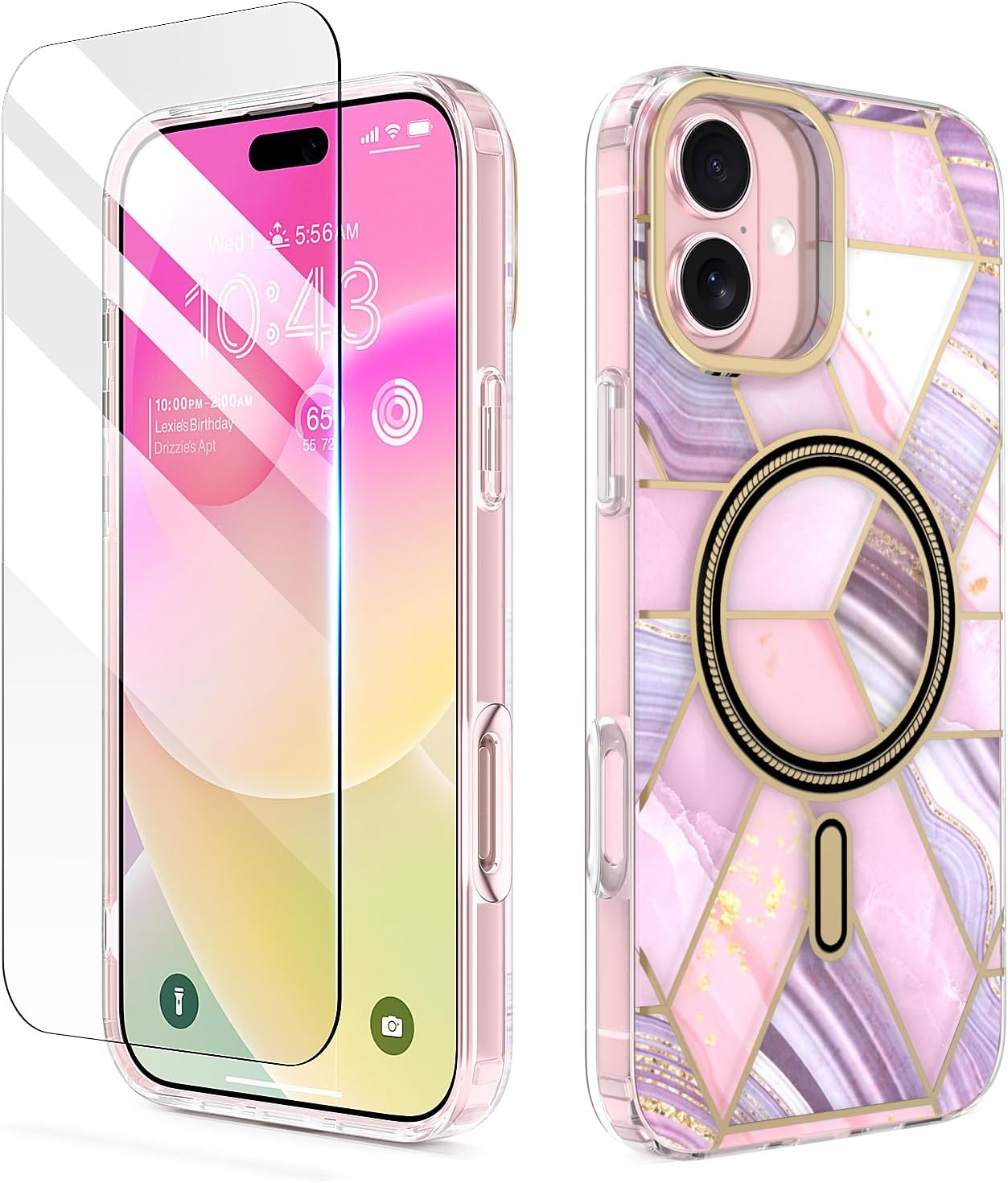 Detalle de MATEPROX Magnetic Case for iPhone 16 Plus 2024 — Marble Purple with MagSafe, Screen Protector and Anti-Scratch Protection