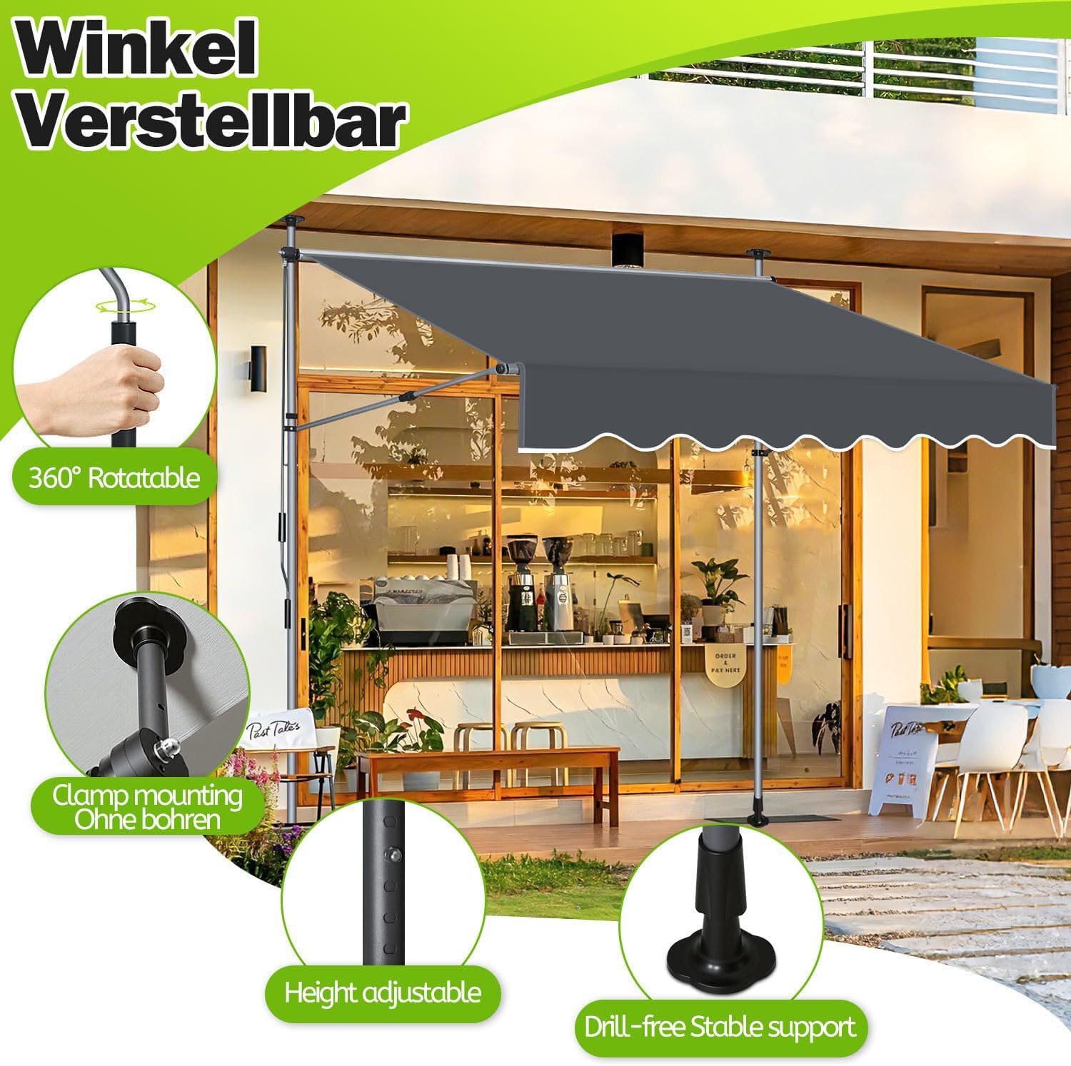 Thumbnail 2 de Ikodm Klemmmarkise 400 cm breit mit Handkurbel – balkonmarkise ohne Bohren, UV-beständig und höhenverstellbar