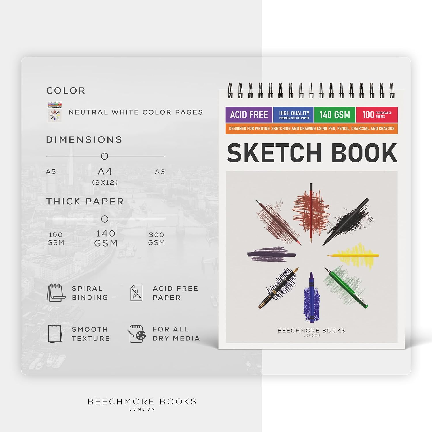 Detalle 2 de Beechmore Books 9x12 Spiral Bound Sketchbook – 100 Perforated Sheets, 140 GSM