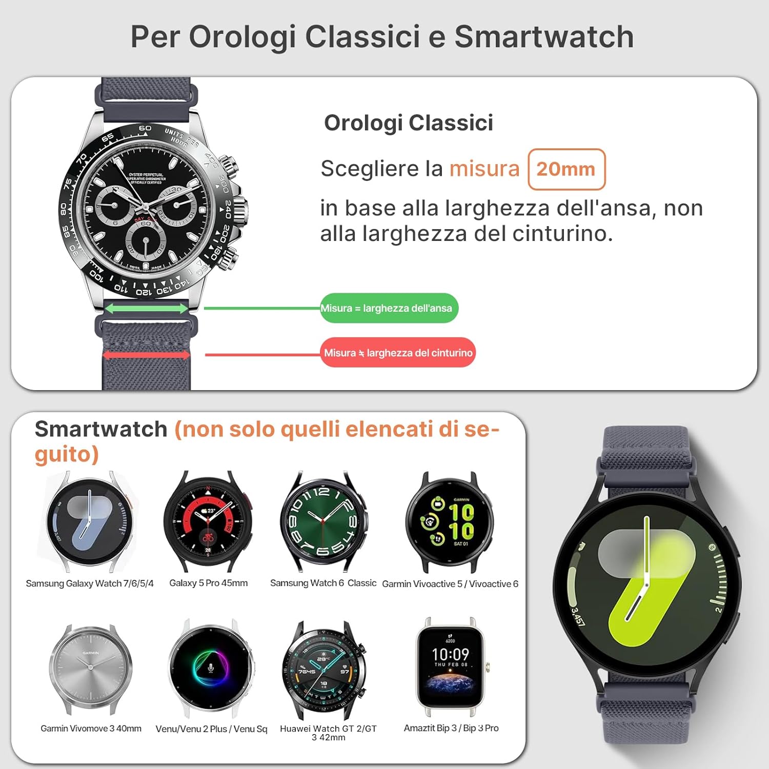 Thumbnail 3 de Fullmosa cinturino elastico 20 mm impermeabile con sgancio rapido per Samsung Galaxy Watch 7 FE/6/5/4 e altri compatibili, 4 pezzi