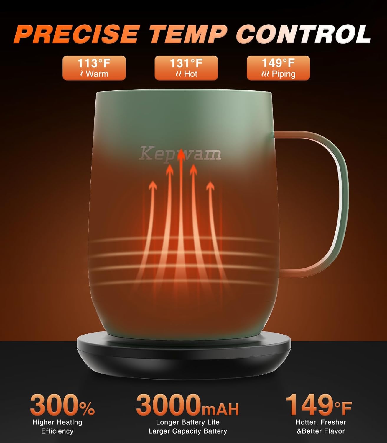 Detalle 2 de Kepwam Self Heating Coffee Mug T2 (16oz) — 3 Temperature Settings, No-App Smart Heated Mug