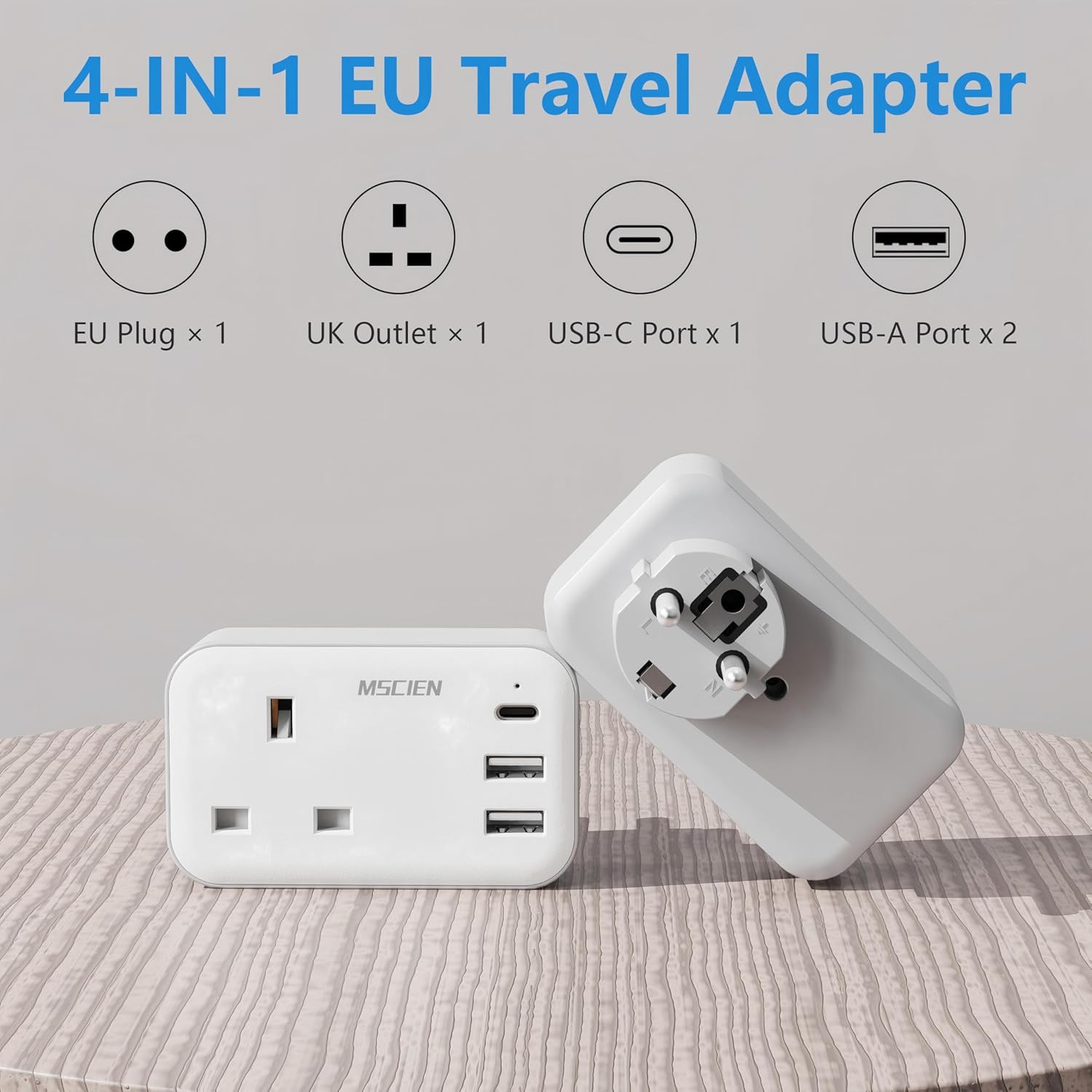 Detalle de Mscien UK to European Plug Adapter with USB C – 4-in-1 Travel Adaptor for UK travellers in Europe