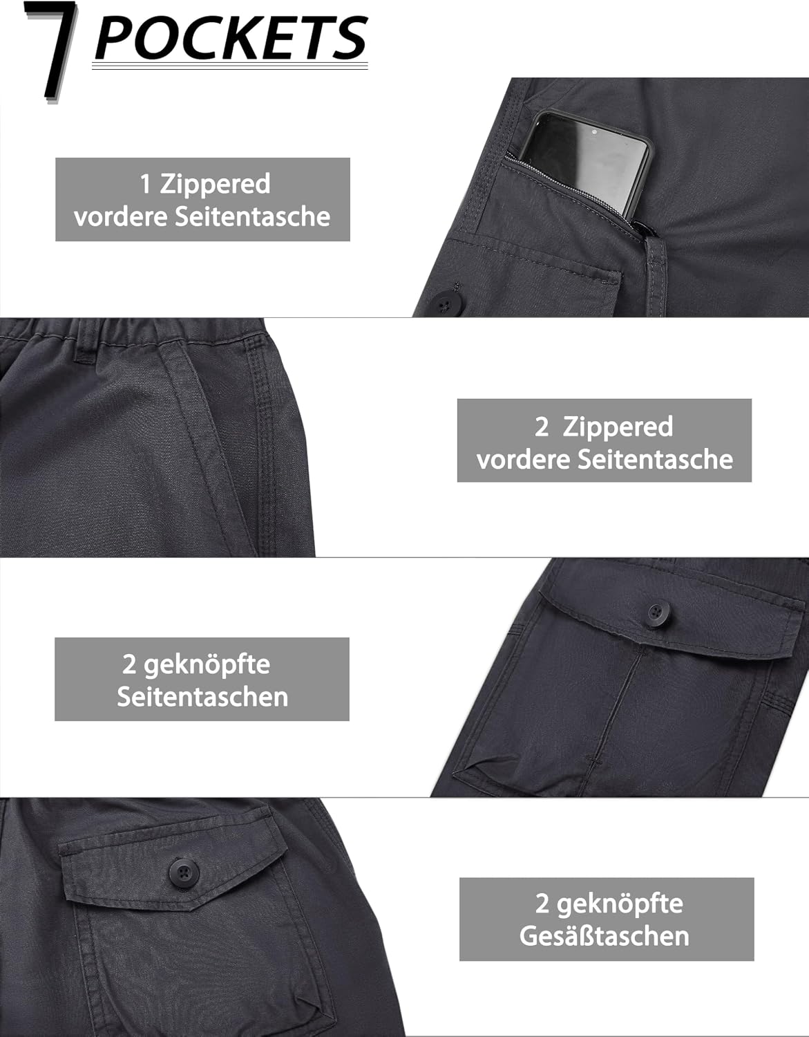 Detalle de KEFITEVD 3/4 Hose Herren Cargo Shorts – lässige Baumwoll-Shorts mit viel Stauraum