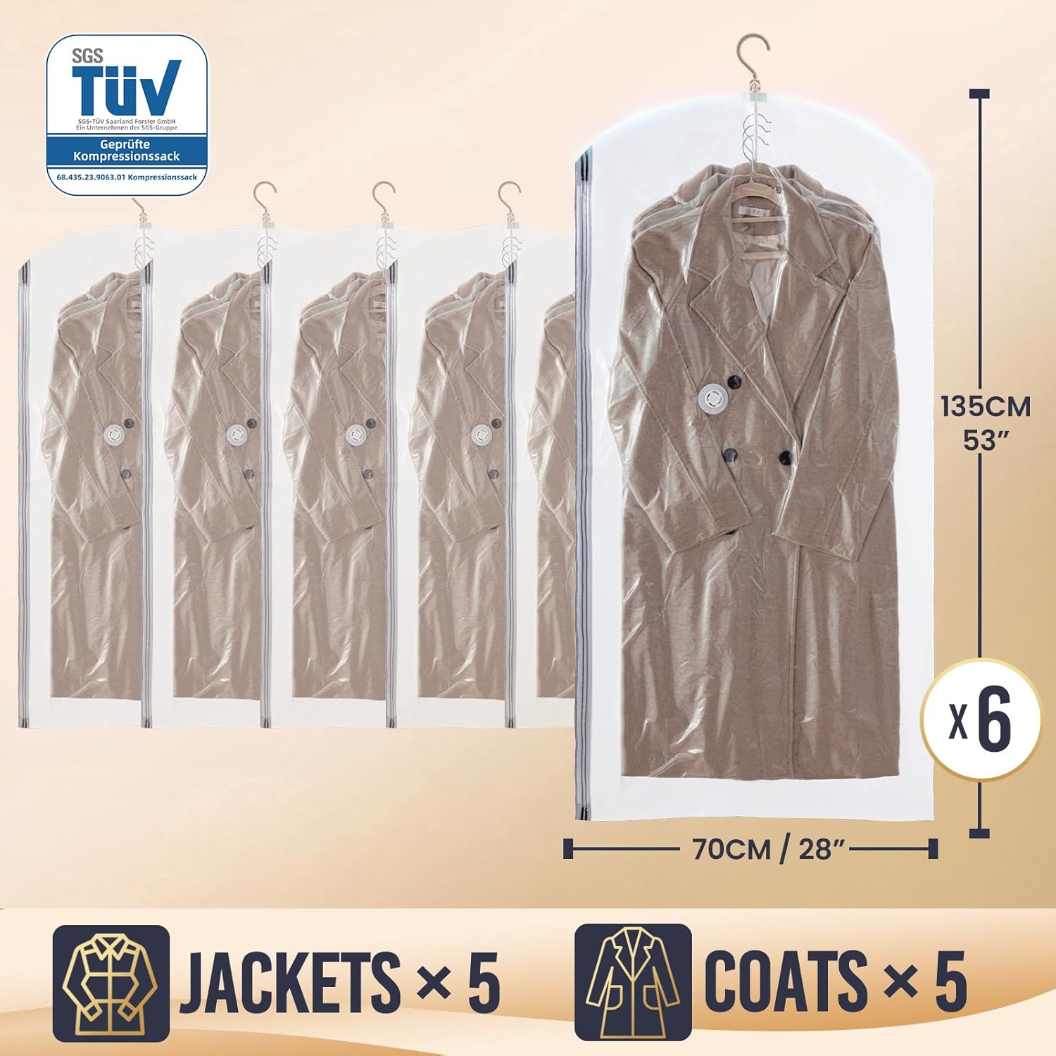 Thumbnail 3 de Hanging Vacuum Storage Bags – 6 Jumbo Space-Saving Wardrobe Carriers for Coats, Suits and Dresses