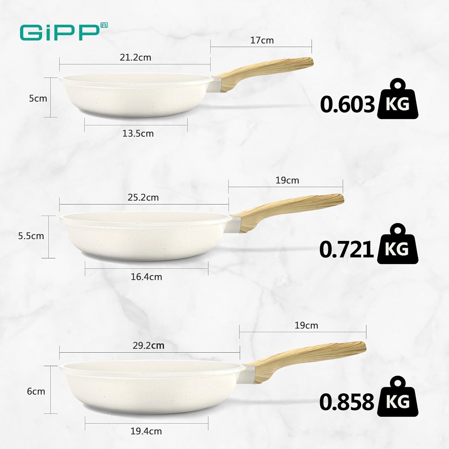 Detalle de GiPP Nonstick Skillet Frying Pan Set – White Granite, 20+24+28 cm