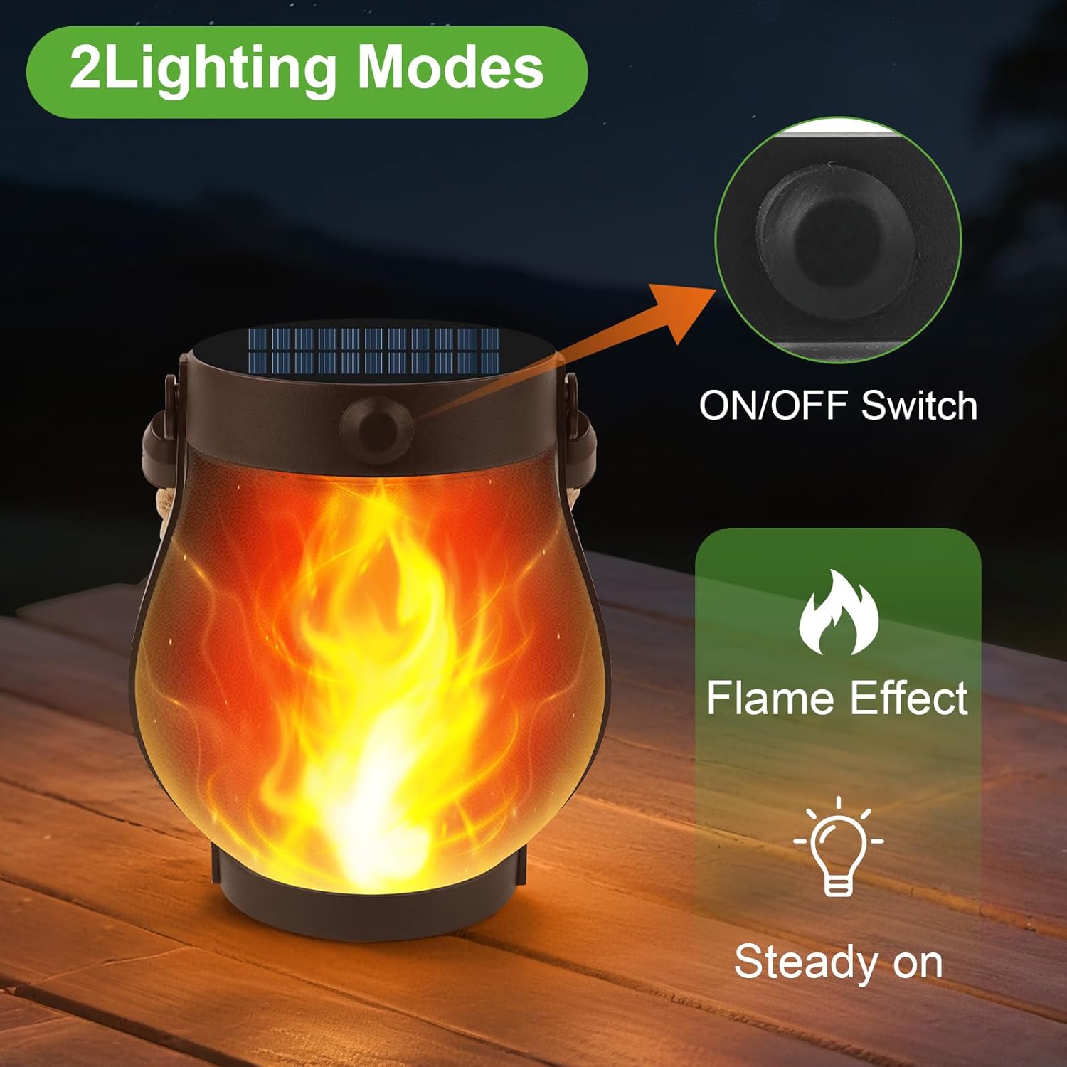 Thumbnail 2 de 2 Pack Solar Lanterns Outdoor: Dancing Flame, Dual Powered (Solar + USB), IP65 Hemp Rope Lanterns for Garden & Patio