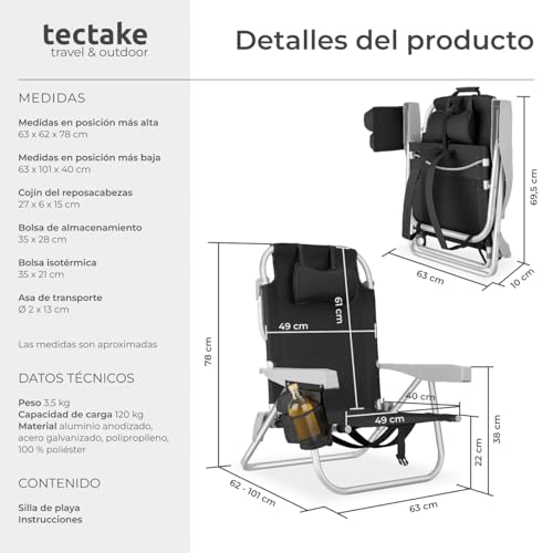 Detalle 2 de tectake Silla Playa Plegable con Respaldo Ajustable - aluminio ligero, mochila integrada (negro)