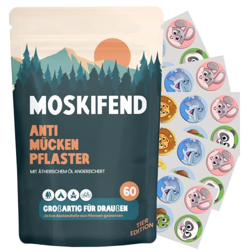 Detalle de Moskifend Mückenschutzpflaster – 60 Aufkleber im Tierdesign für Kinder, Babys und Erwachsene