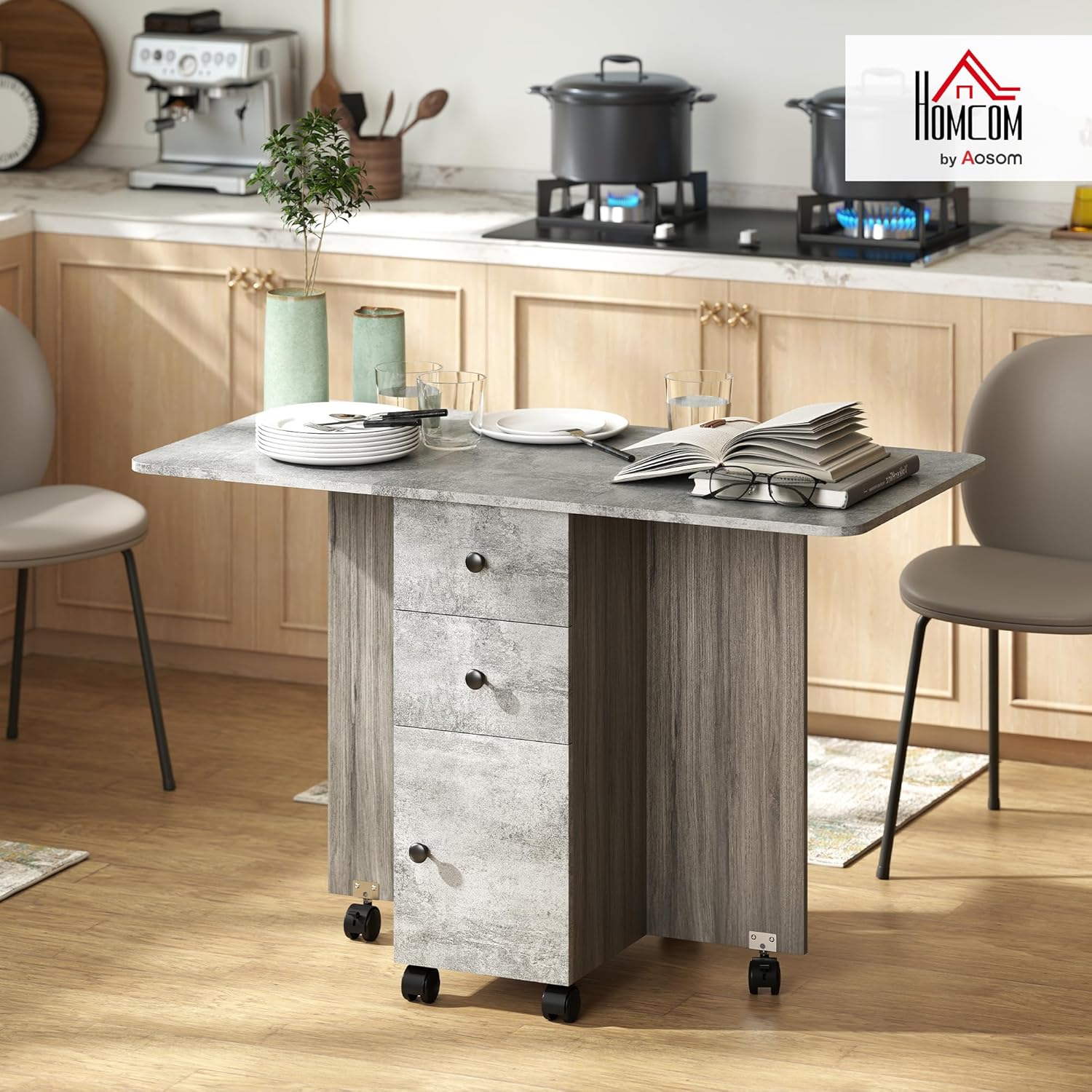 Thumbnail 1 de HOMCOM Table de Cuisine Pliable 2 Plateaux Rabattables avec Rangement – Gris, 120 x 60 cm