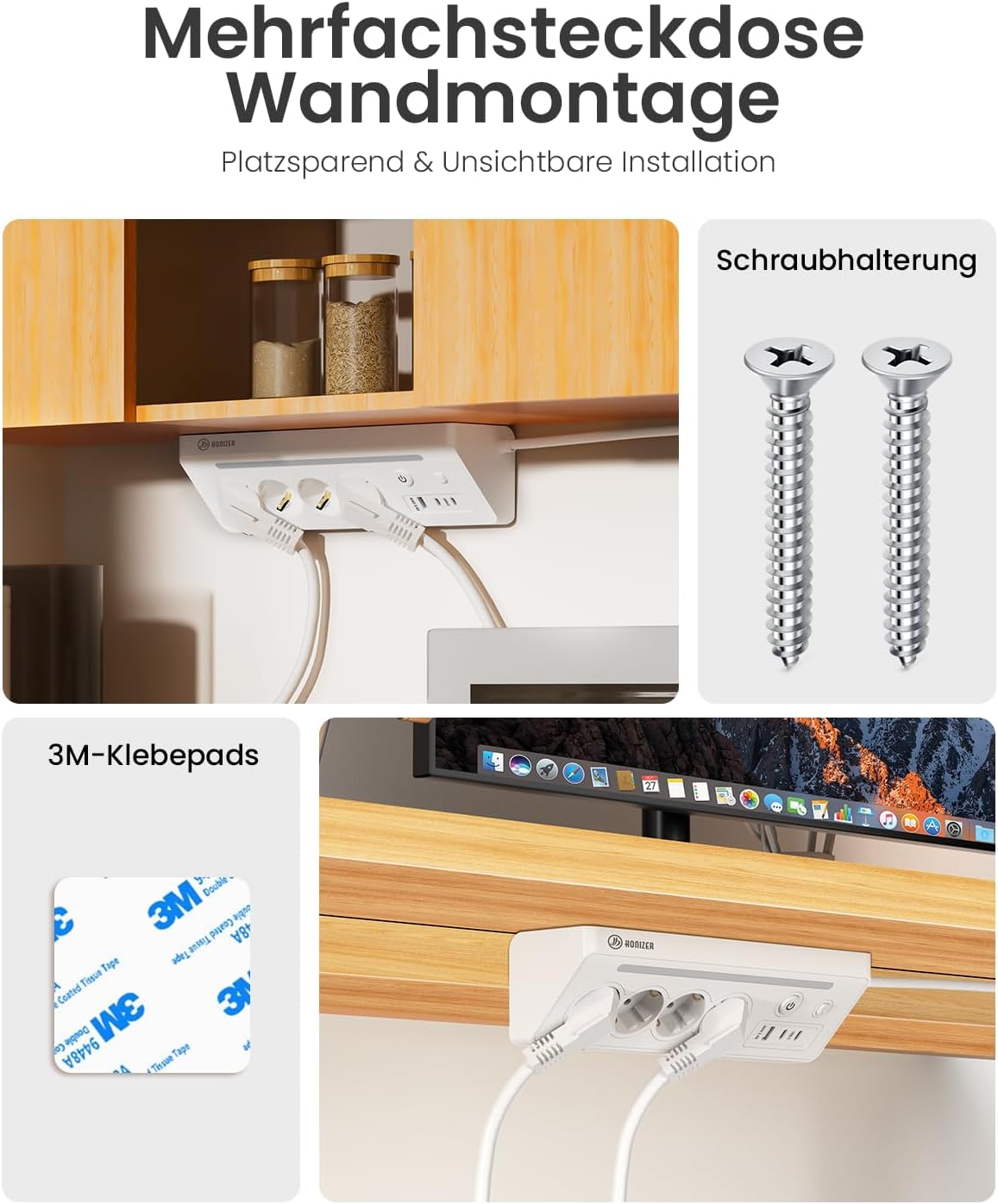 Detalle de Honizer 7-in-1 Desktop Steckdosenleiste mit 90° Ecksteckdose, 2 Schaltern, 4× Schuko & USB-A/2× USB-C
