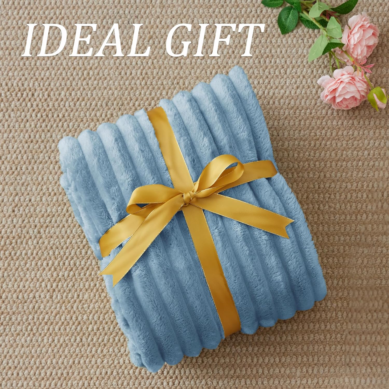 Detalle de BEDELITE Fluffy Fleece Throw Blanket with Stripes – Light Blue, Throw Size