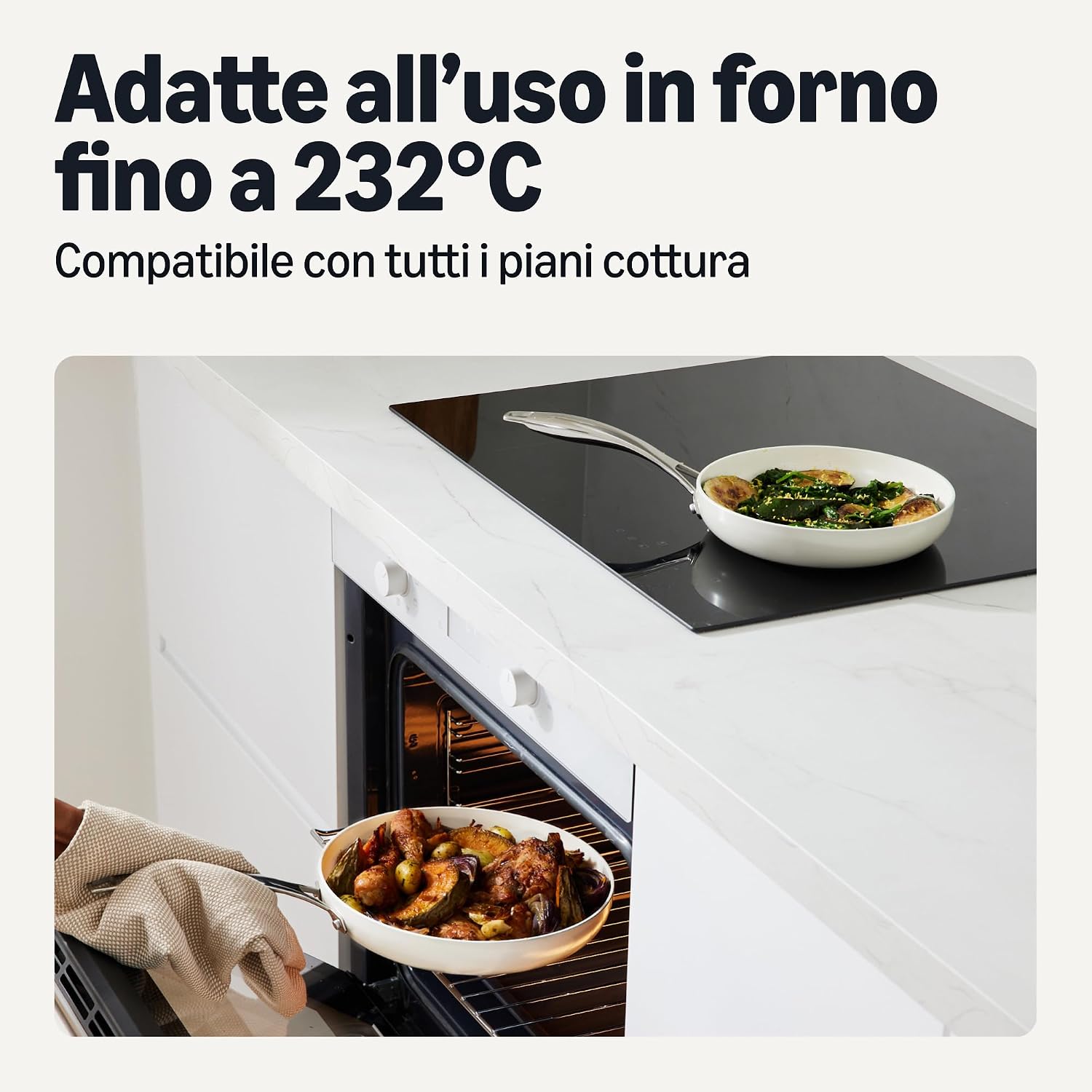 Detalle de Amazon Basics Padelle Antiaderenti in Ceramica, Set 3 Pezzi (20/26/30 cm) — Avorio