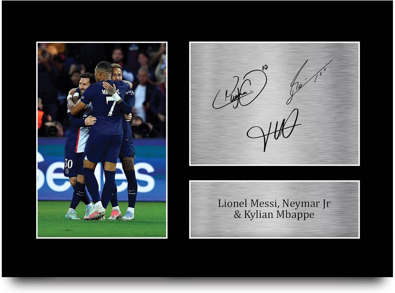 Lionel Messi, Neymar Jr & Kylian Mbappé Paris Blue and Reds A4 signed autograph picture (HWC Trading)