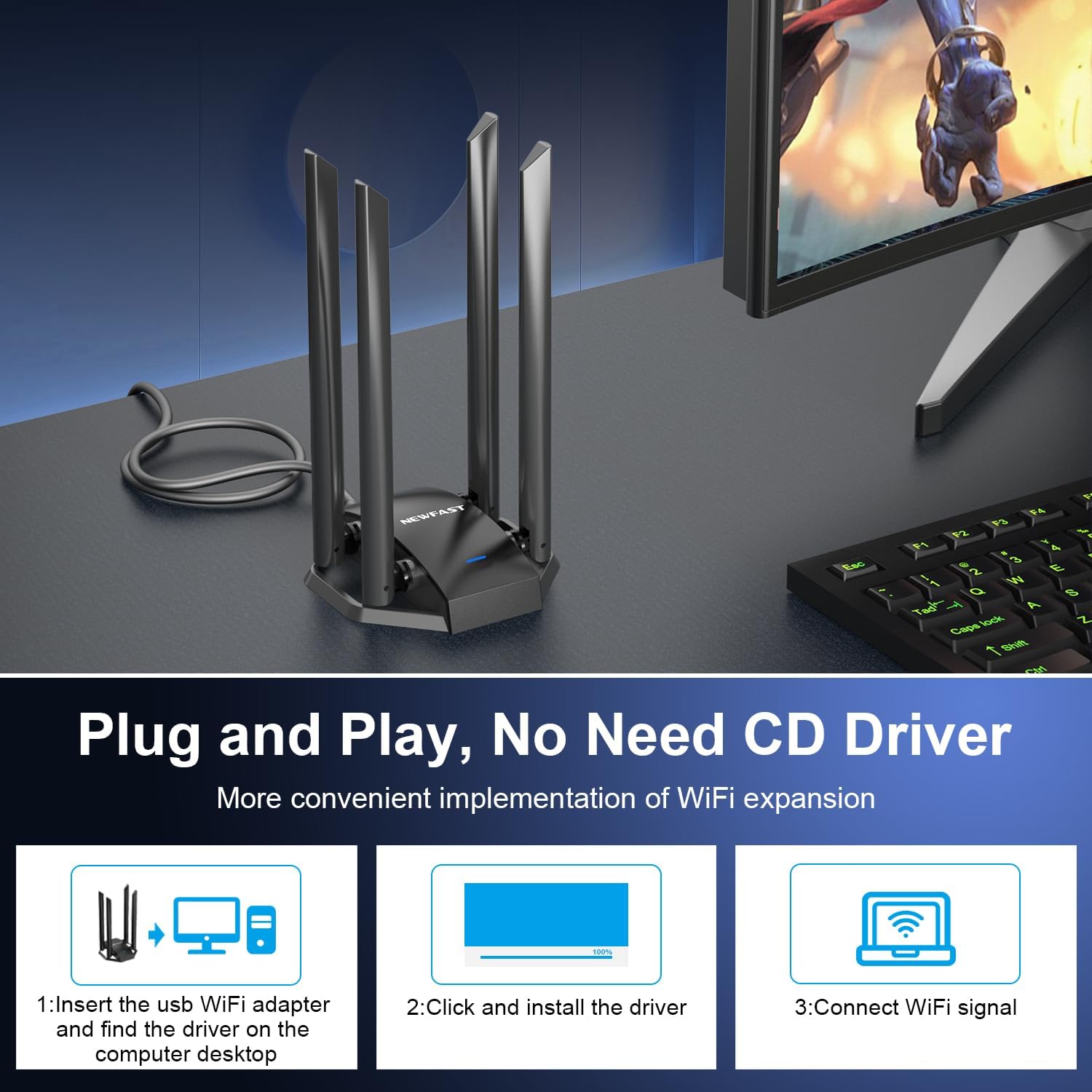 Detalle de NEWFAST 1300Mbps USB WiFi Adapter for Laptop/PC – Dual Band 5GHz & 2.4GHz, USB 3.0