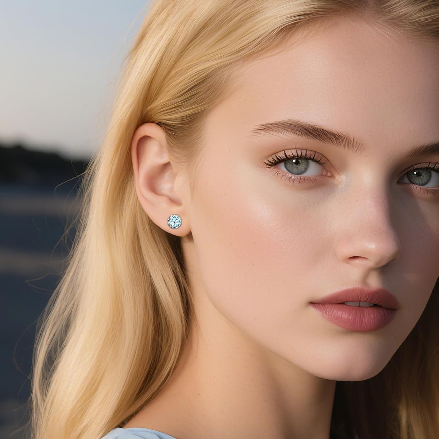 Thumbnail 2 de Weviway Sterling Silver Aquamarine Octagon Stud Earrings (7mm) – March Birthstone