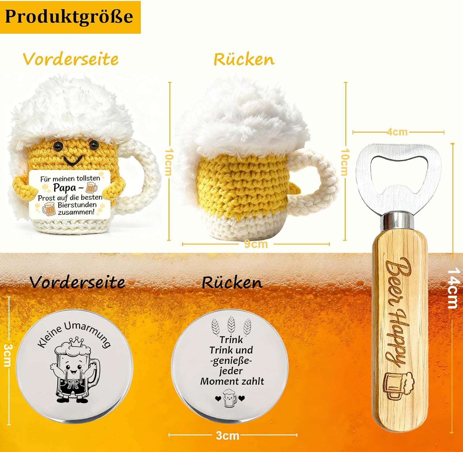 Detalle 2 de 3-teiliges Bier Geschenkset für Männer – Handgestrickte Bierpuppe mit Flaschenöffner & Glücksbringer Münze