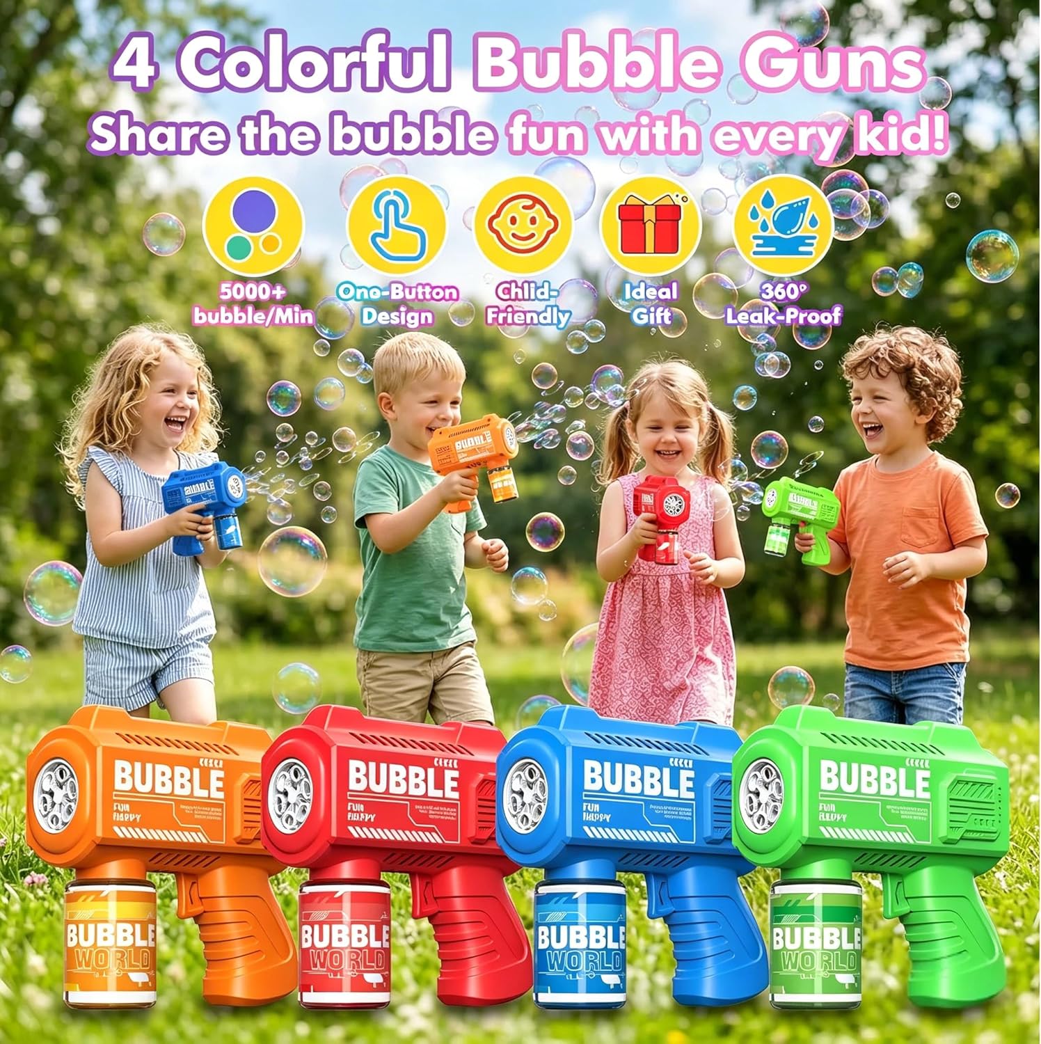 Detalle 2 de PANACARE Seifenblasenpistolen 4er Set – LED-Beleuchtung, 5000+ Blasen/Min, automatisierte Seifenblasenmaschine für Kinder