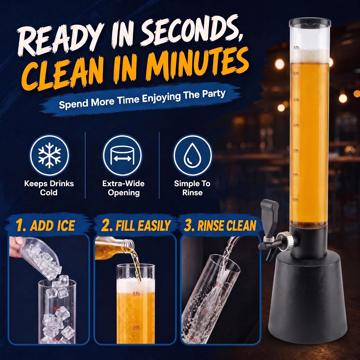 Detalle de GOODS+GADGETS® 3.5 L Beer Tower Dispenser with Tap, Ice & Stainless Steel