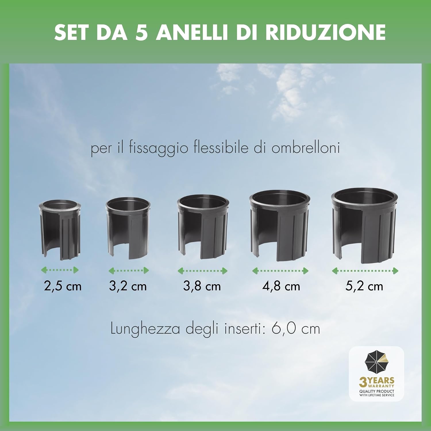 Thumbnail 1 de Anelli riduttori Doppler per basi ombrello in granito – set di 5 inserti, diametri interni 52/48/38/32/25 mm, colore nero