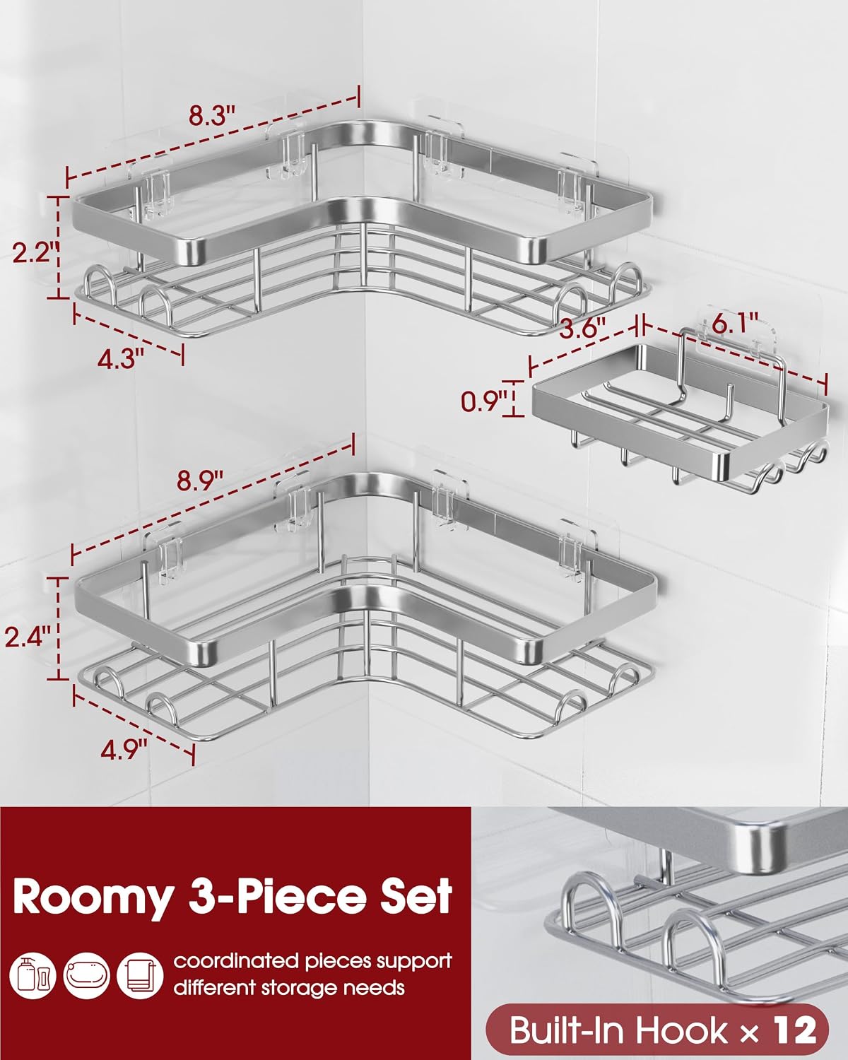 Detalle 1 de Sakugi CA657 3-Piece Corner Shower Caddy in Stainless Steel, Silver