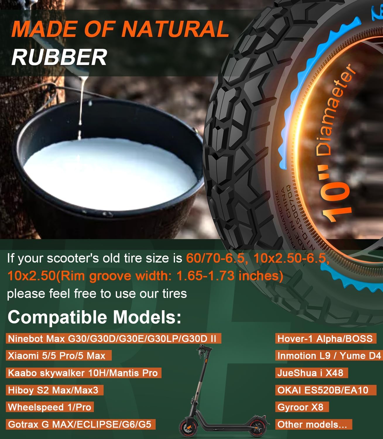 Detalle de BANGTING 2PCS 60/70-6.5 E Scooter Reifen Tubeless – Vollgummi 10x2.50, pannensicher (Blau) für Ninebot G30-Serie und Xiaomi 5/5 Pro/5 Max