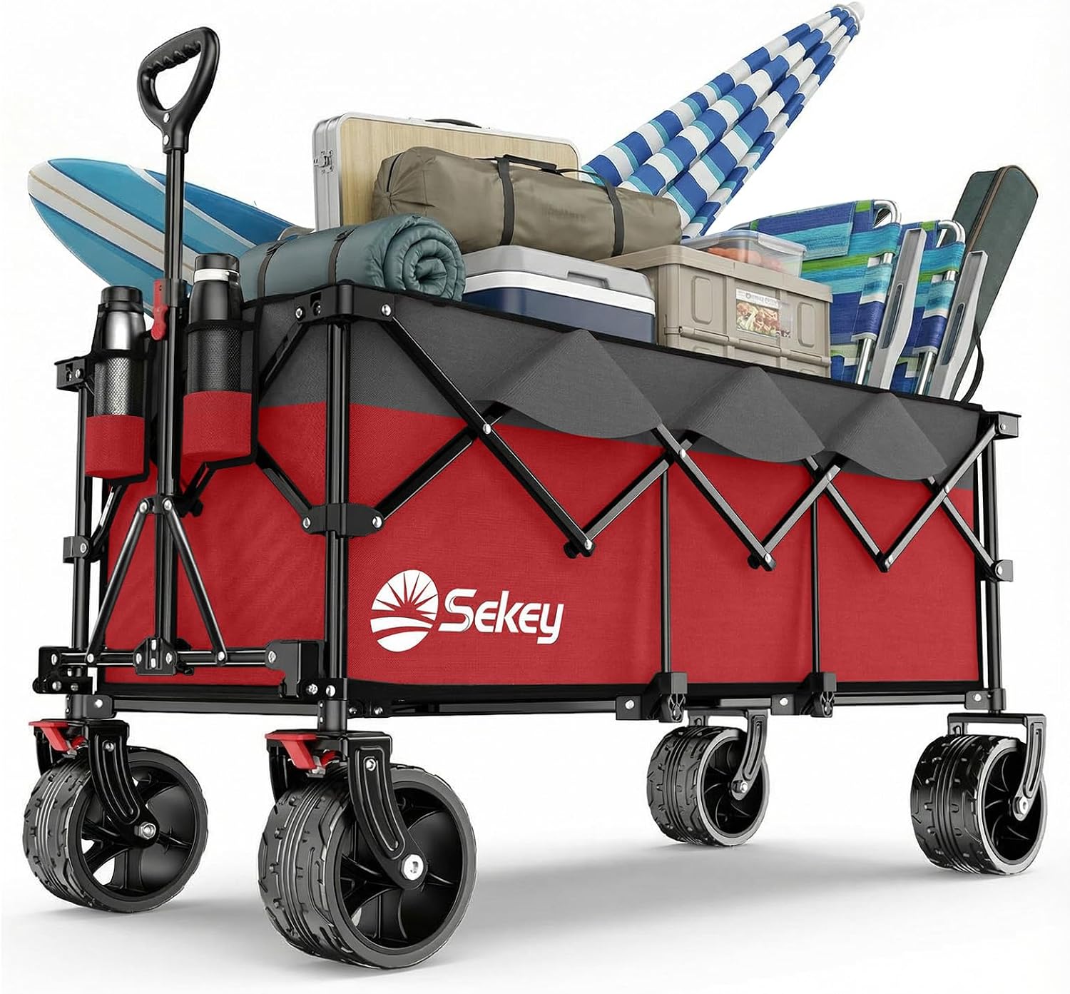 Detalle de Sekey XXXL Faltbarer Bollerwagen 300L/200kg – All-Terrain mit Extra Breite, 4-Wege Aufbau, Rot-Grau