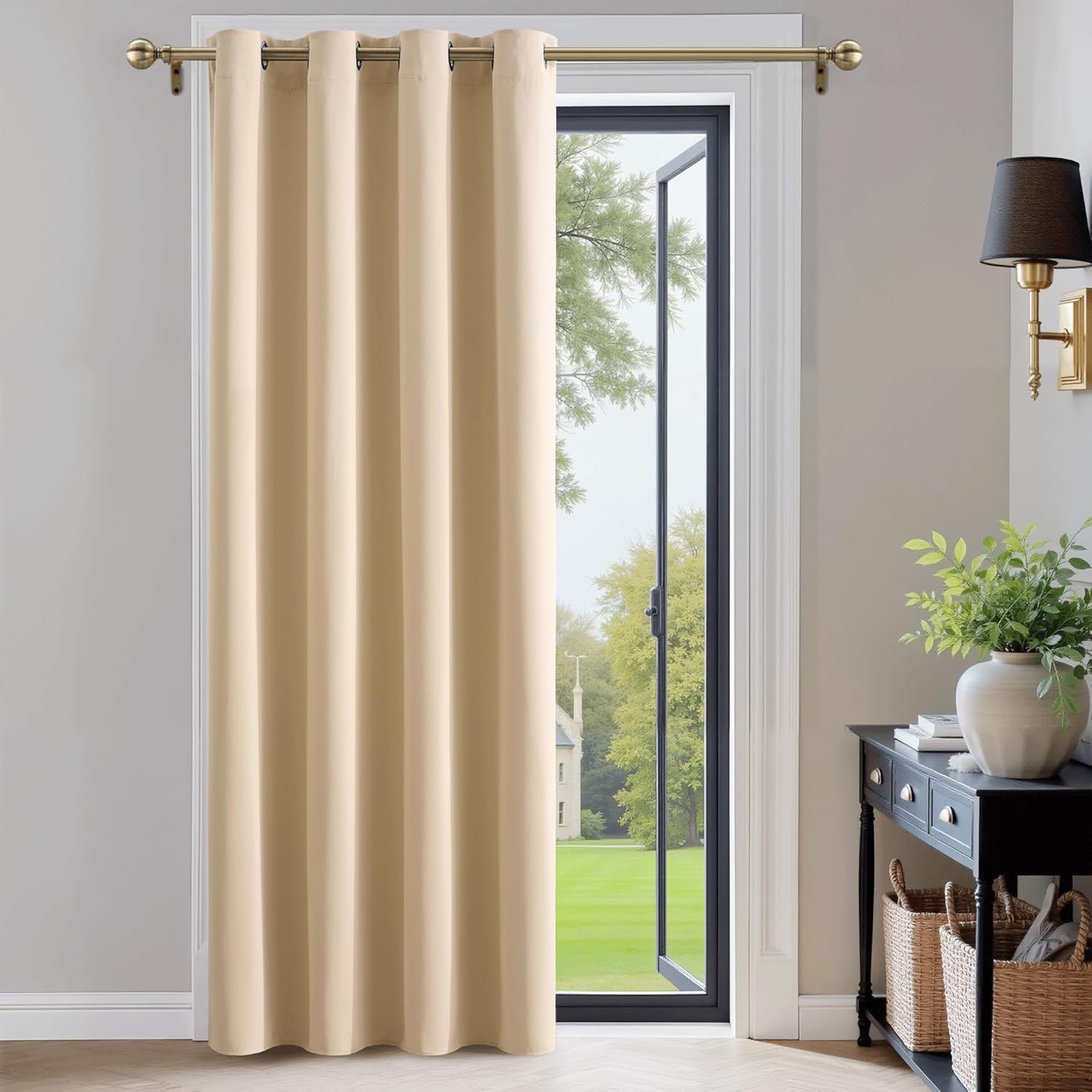Detalle de PONY DANCE Beige Eyelet Curtain: Long Thermal Insulated Panel for Room Darkening