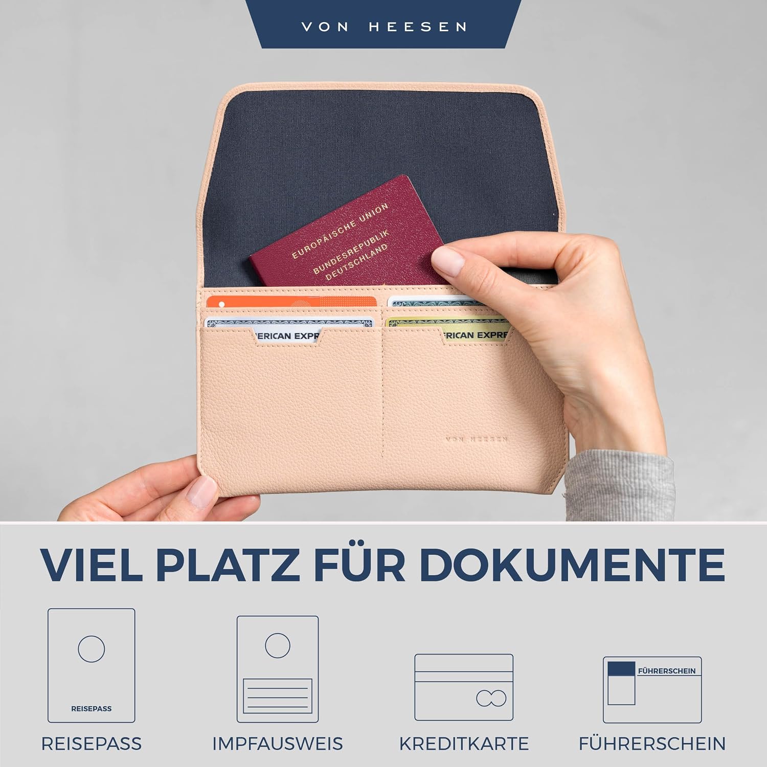 Detalle de VON HEESEN Leder-Reisepasshülle mit RFID-Schutz – Passport-Organizer aus echtem Leder in Rose