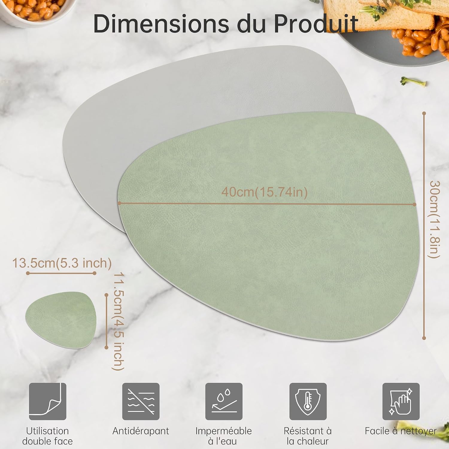 Thumbnail 6 de KitchenBoss Set de Table Lavable et Dessous de Table Double Face – Vert Gris (6× 40x30 cm) + 6 Sous-verres
