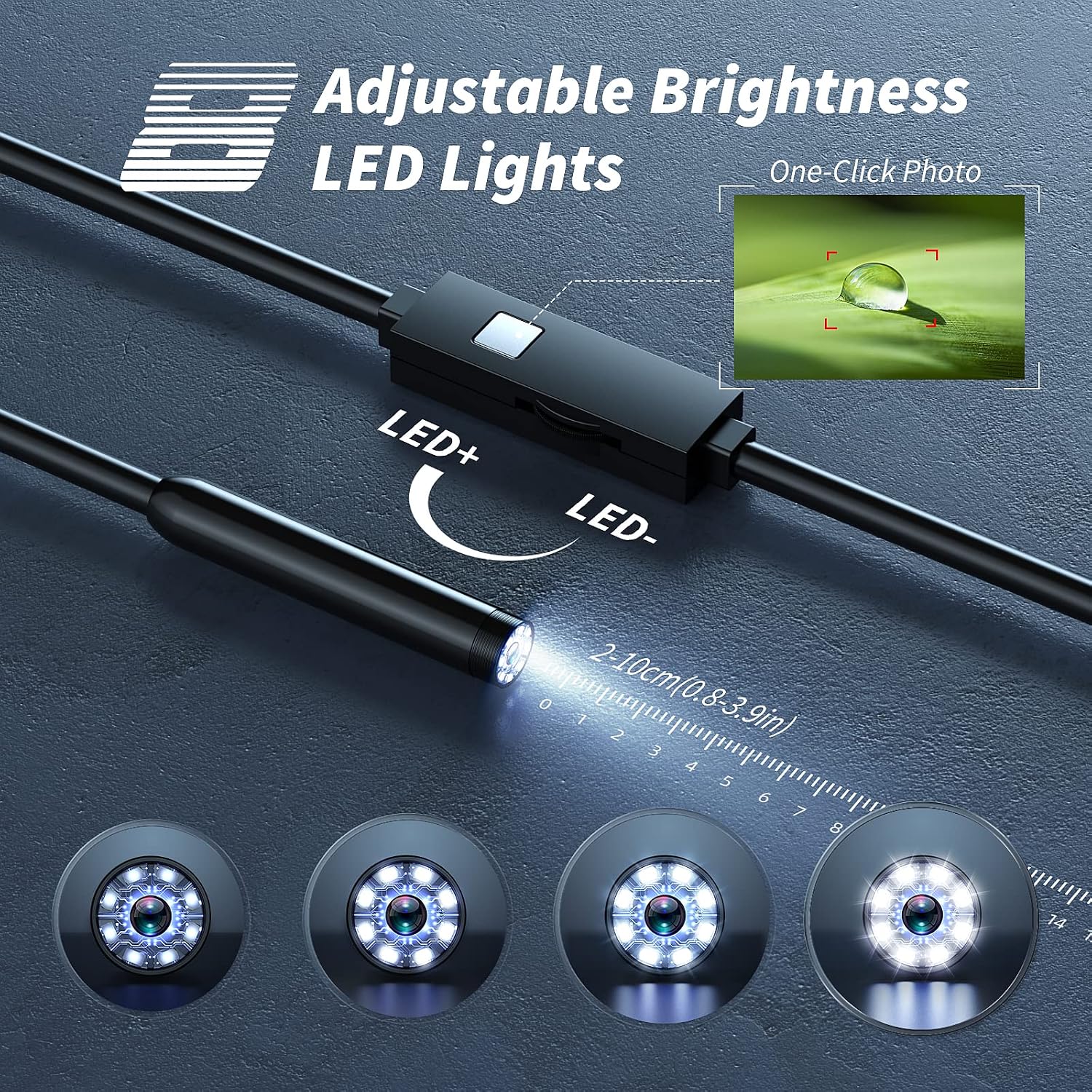 Detalle 1 de Kinpthy Endoscope Camera with 16.4-ft Semi-Rigid Cable, IP67 Probe and 8 LEDs