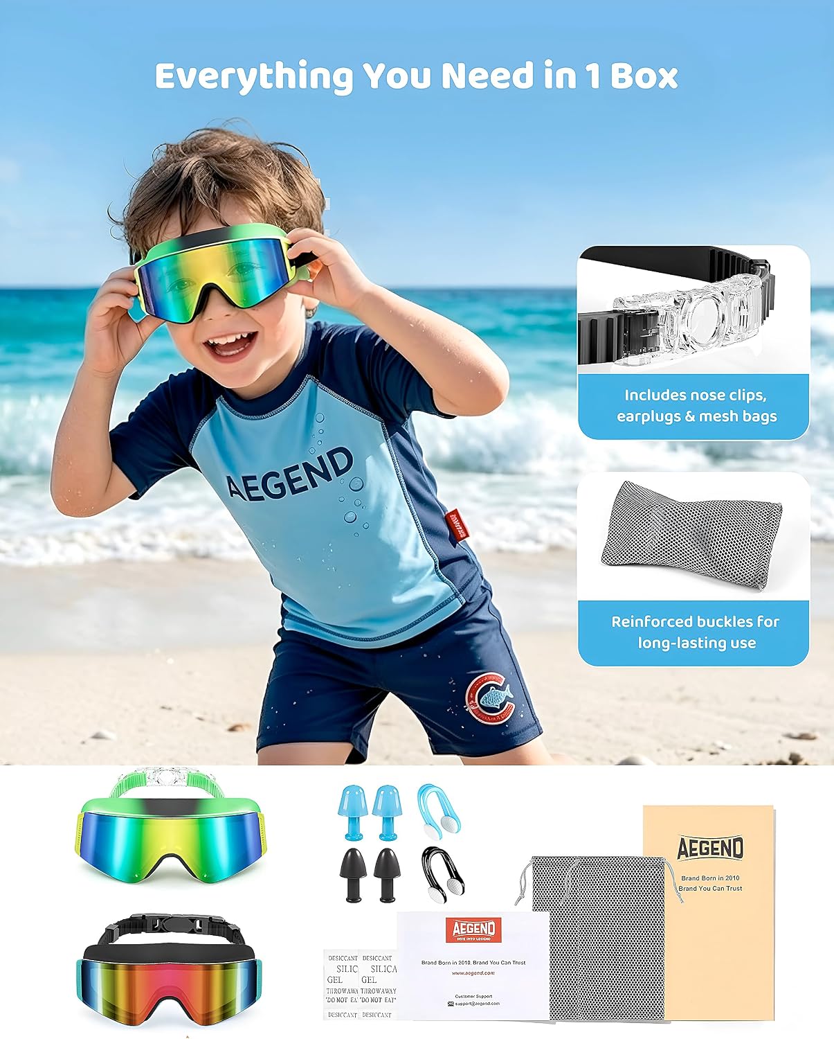 Detalle de Aegend Kids Swim Goggles 2 Pack – Large Frame (UV Protected, Anti-Fog) for Ages 3–15