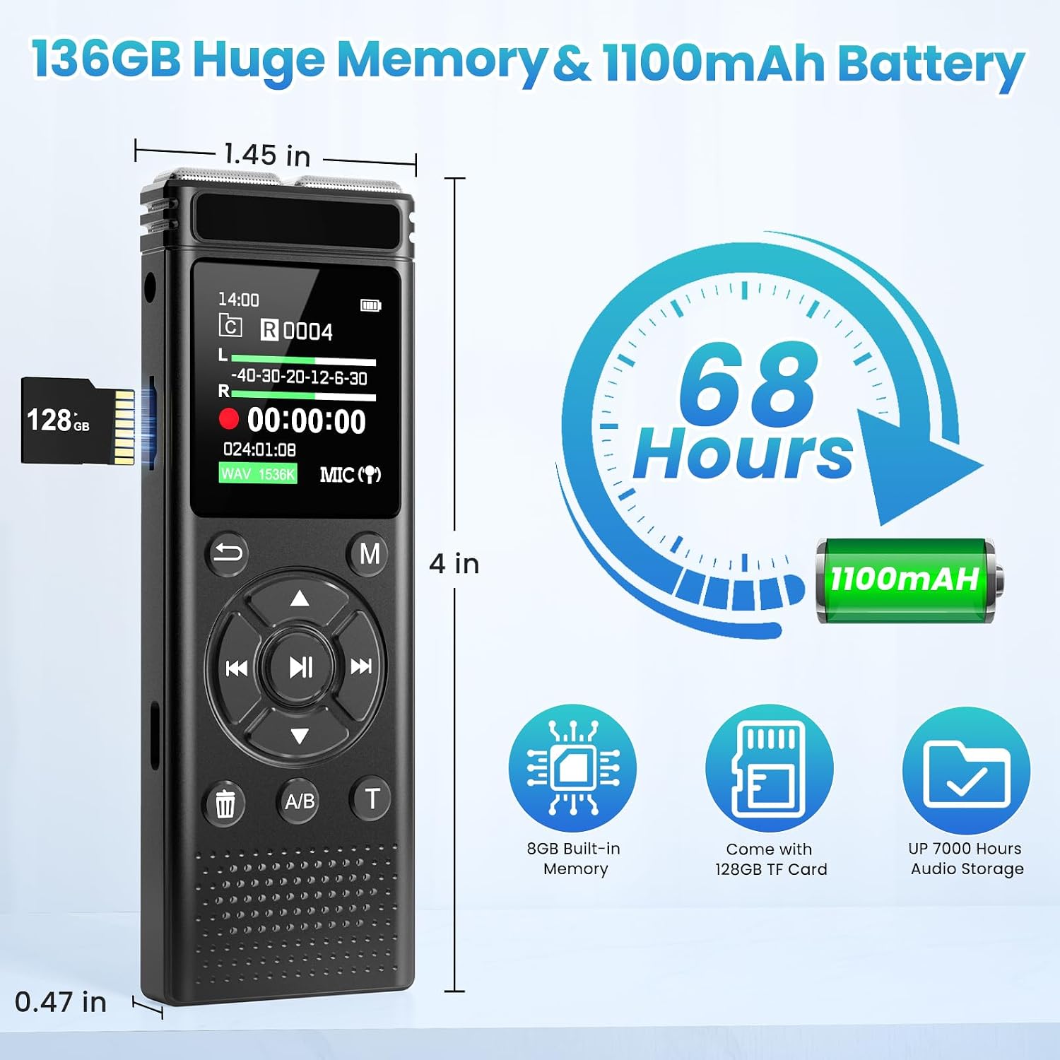 Detalle de Tonfarb A20 Digital Voice Recorder, 136GB, Voice Activation and A-B Repeat